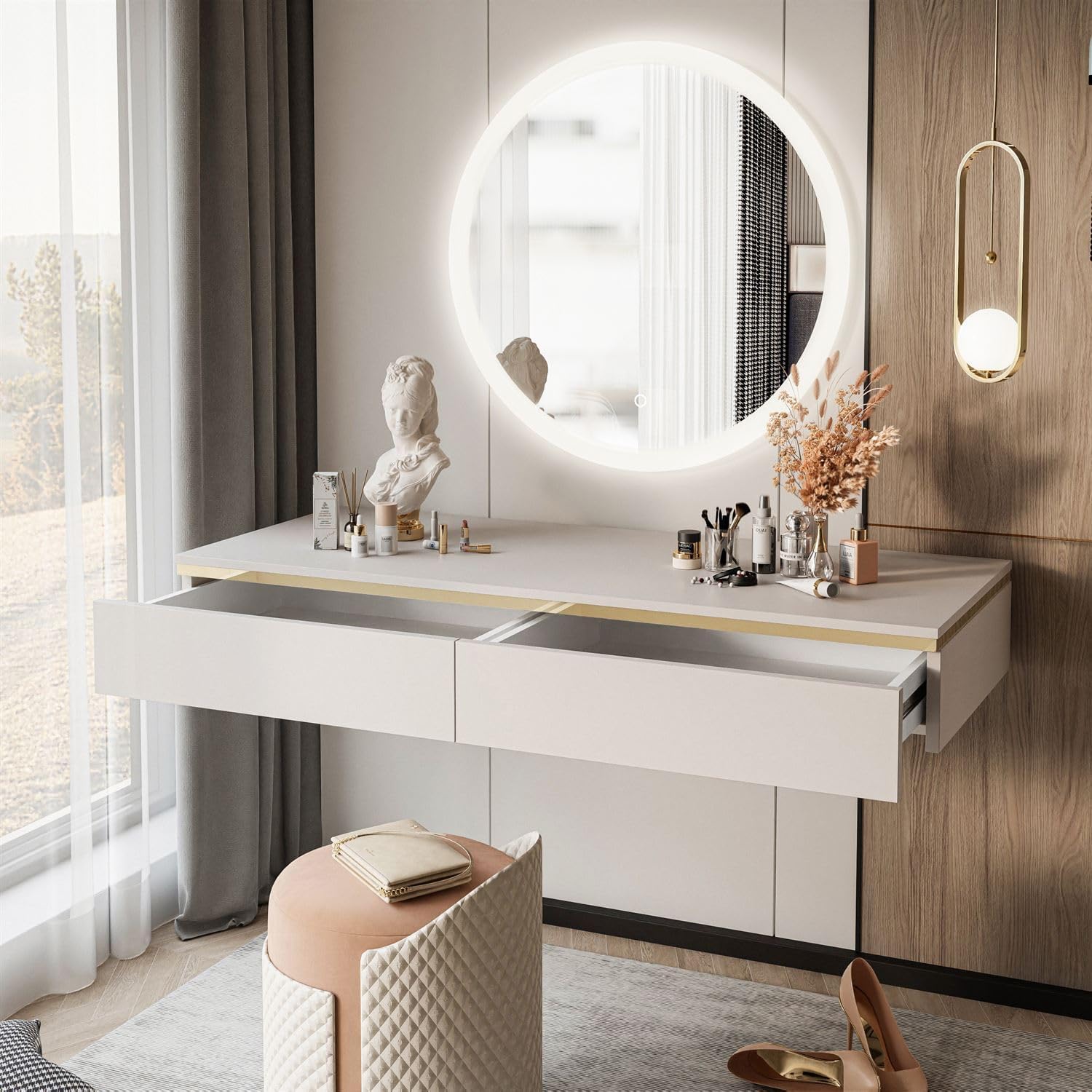 Lookway Hängender Schminktisch Aurora Kaschmir Matt mit Goldener Dekorleiste – optional mit LED-Spiegel, eleganter Wandtisch für Schlafzimmer & Wohnzimmer (ohne Spiegel)