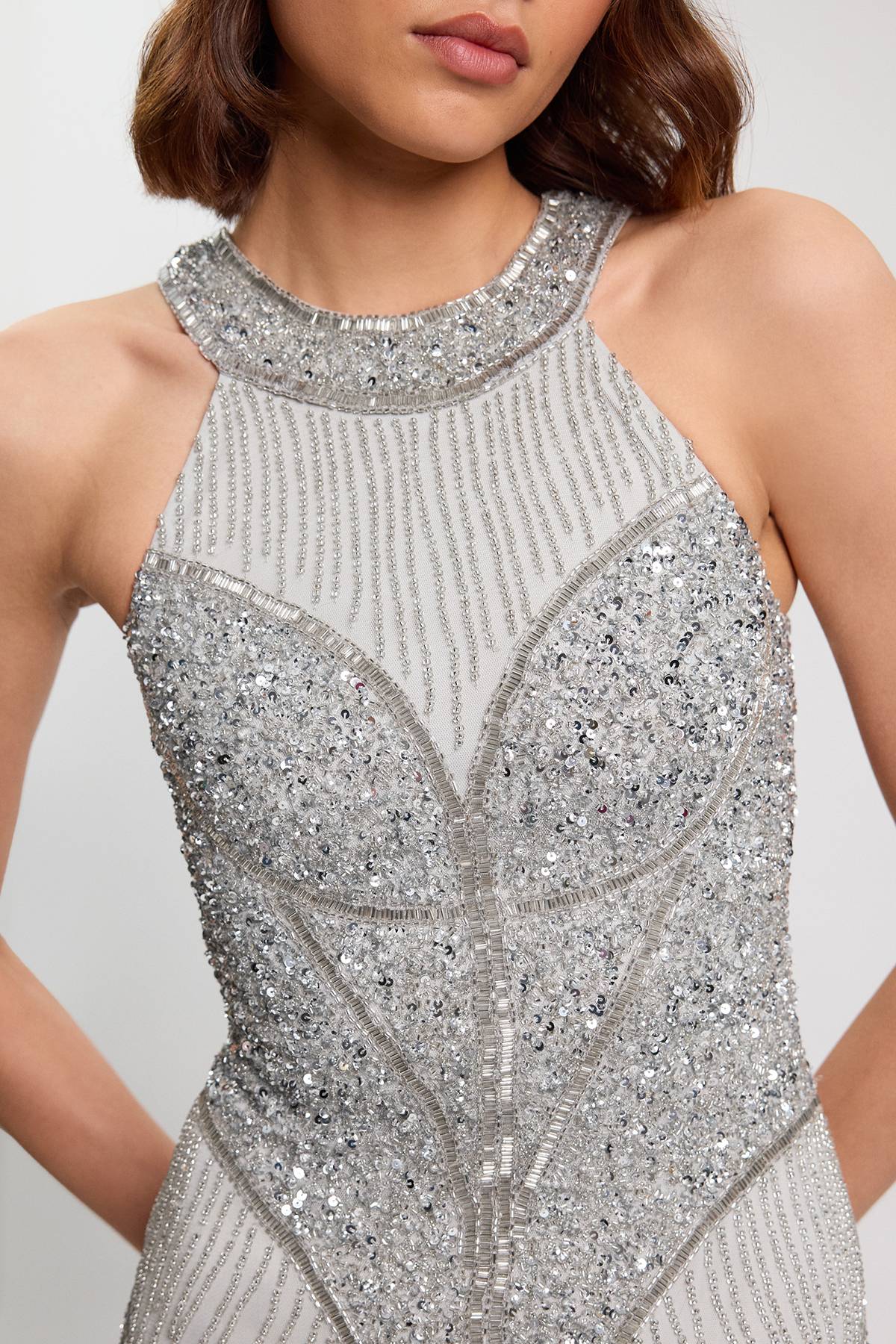 KarenMillen Robe Longue Tissée Petite À Encolure Américaine Ornée De Cristaux