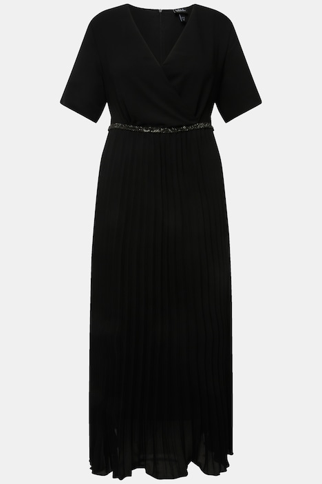Maxikleid, Plissee, Wickeloptik, V-Ausschnitt, Halbarm