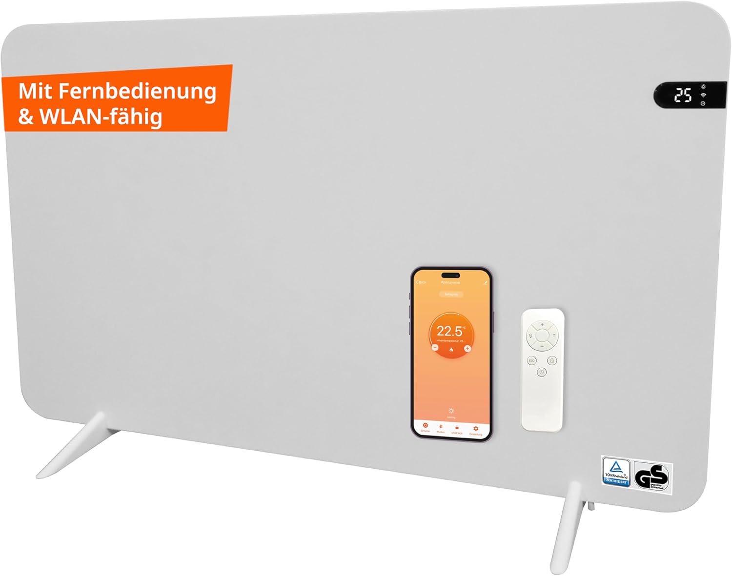 Könighaus 800W Smart -  - Standgerät/Wandmontage - WLAN App-Steuerung mit Fernbedienung - Heizkörper inkl. Handtuchhalter, Standfüße & Befestigung Farbe: Weiß