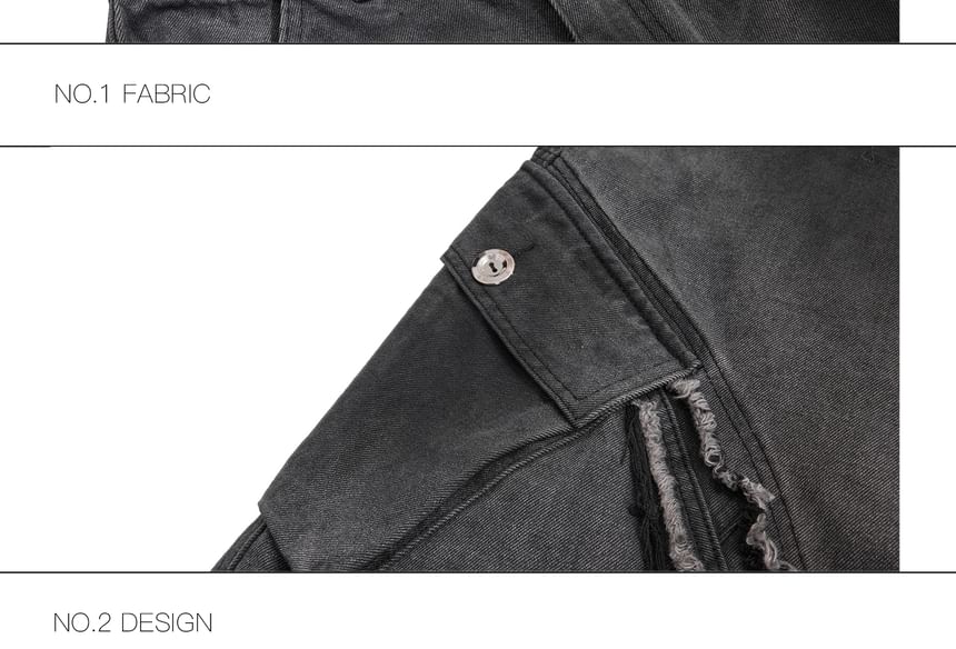 kooklay - Mid Rise Washed Fray Panel Wide Leg Cargo Jeans