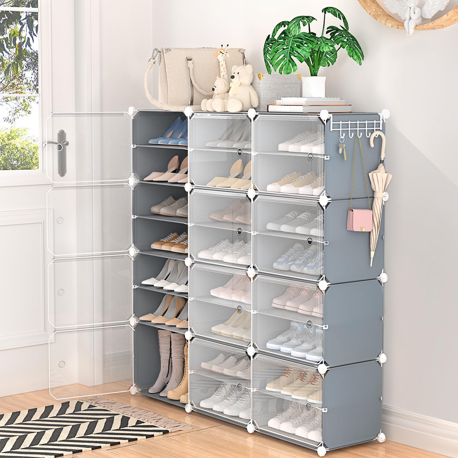 Tragbares Schuhregal, Organizer mit Tür, 8 Ebenen, Schuhschrank, 48 Paar, Schuh-Organizer, Schuhaufbewahrung, erweiterbar, stapelbar, freistehend, Schuhregal, Schrank für Eingangsbereich,