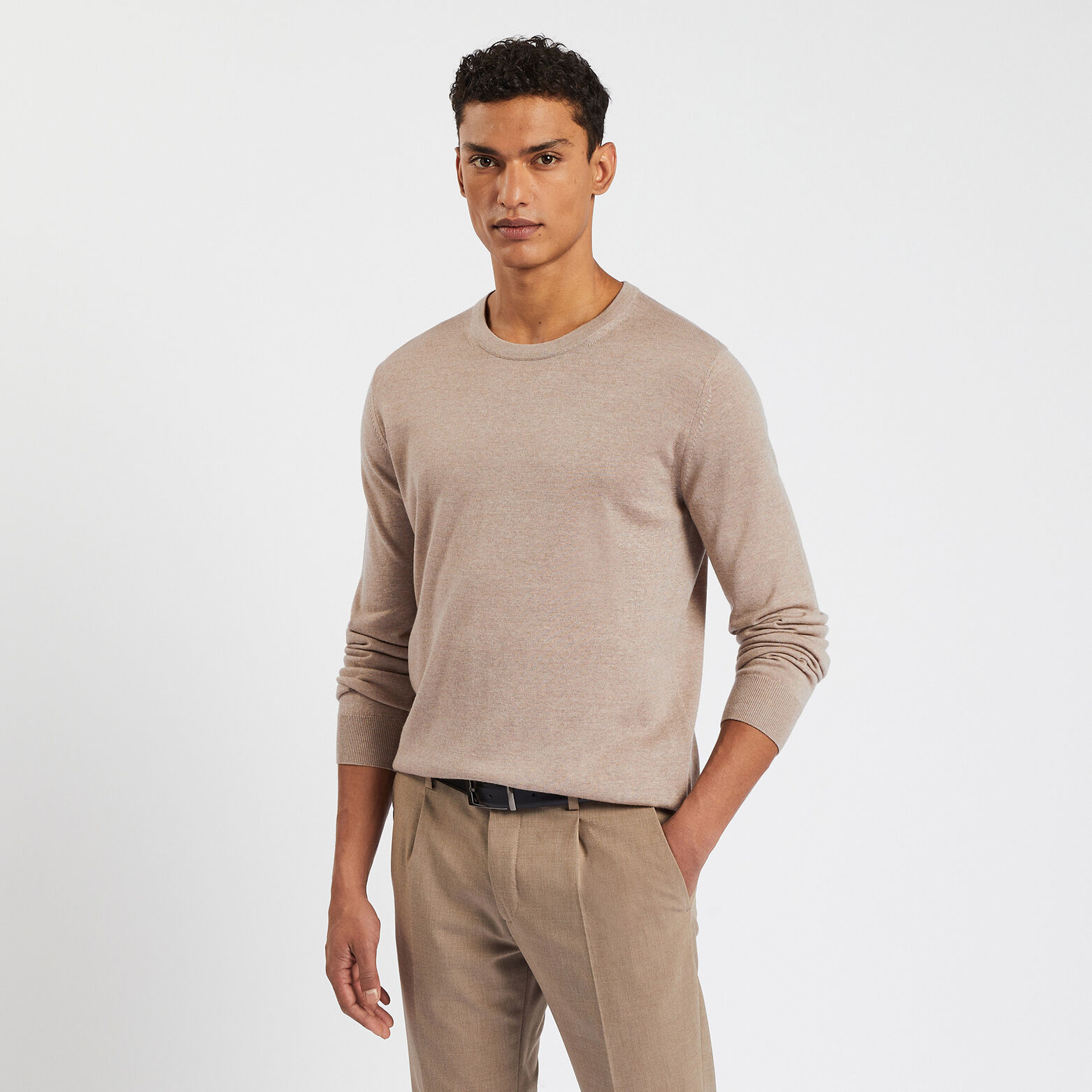 Pull col rond en laine mérinos Beige