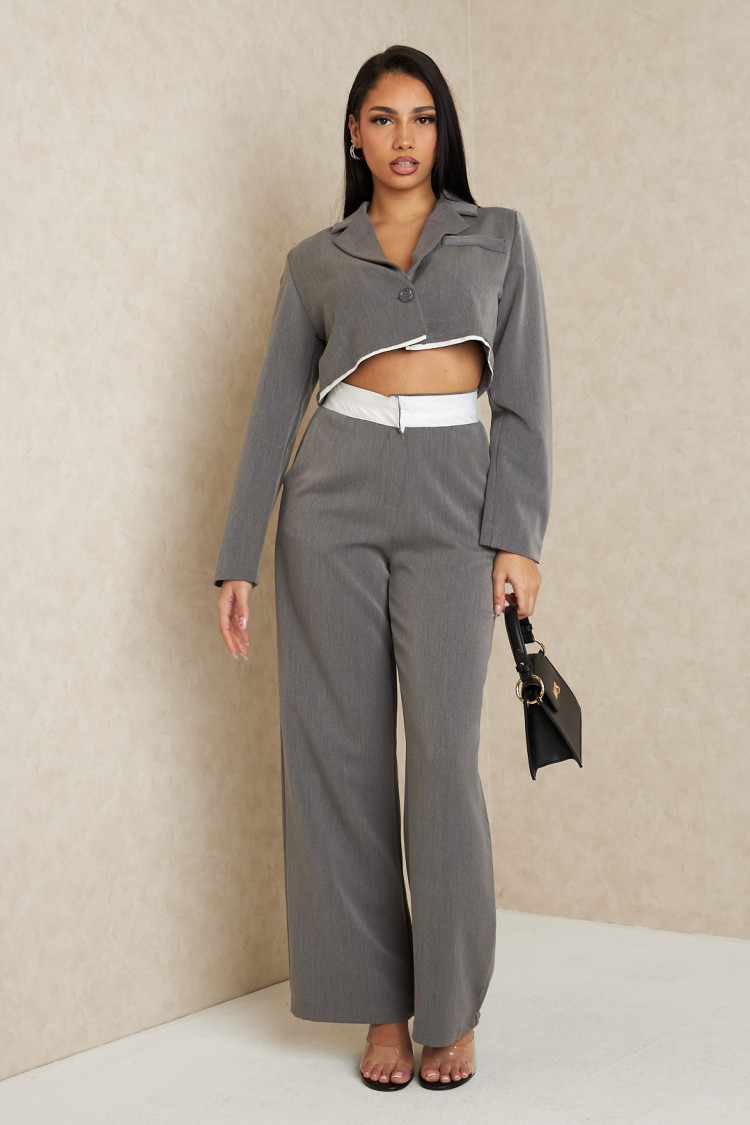 Ensemble 2 pièces blazer court + pantalon tailleur gris foncé
