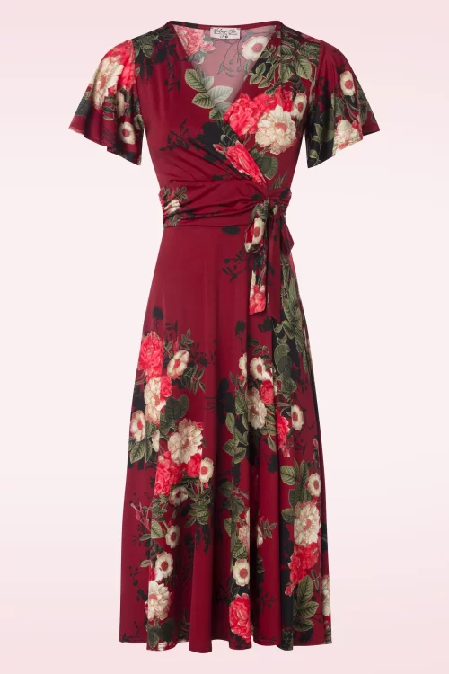 Vintage Chic for Topvintage Irene floral cross over swing jurk in wijnrood