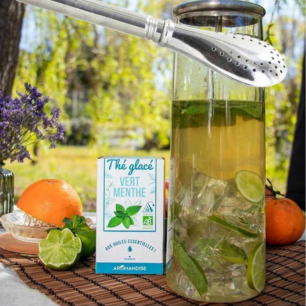 Thé vert glacé à la menthe bio + paille inox avec filtre