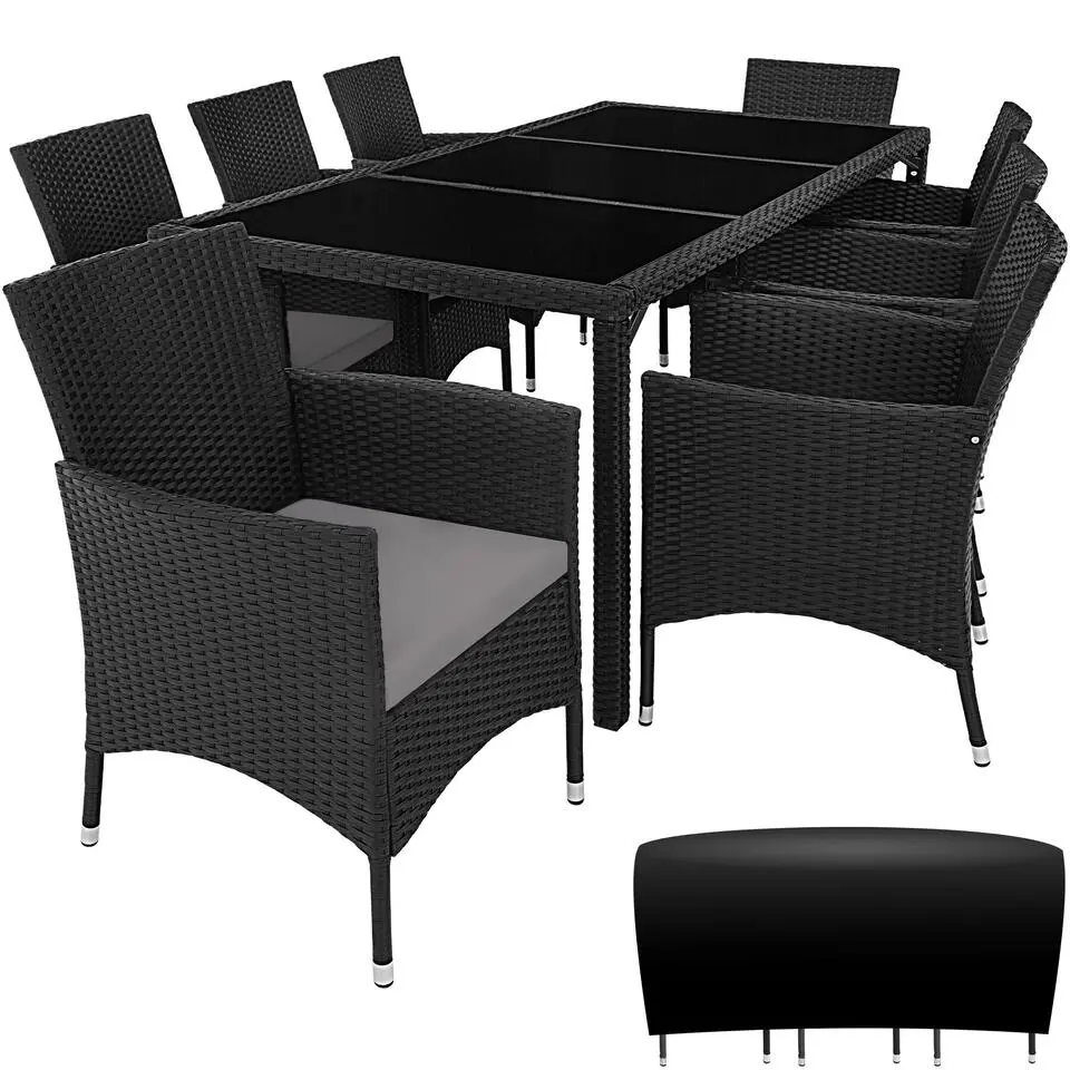 tectake - tuinset 8 stoelen en tafel - wicker - zwart / grijs