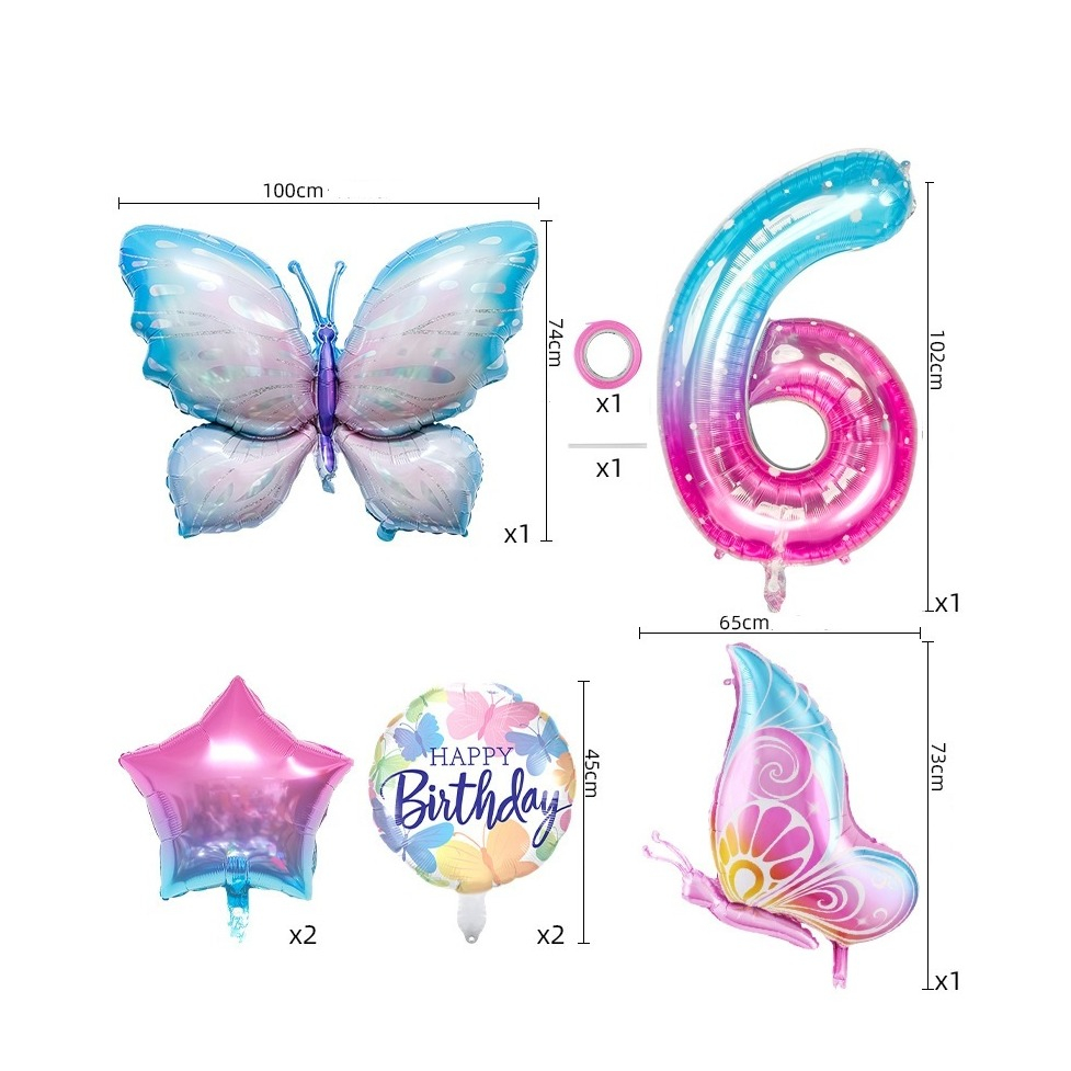 (7-tlg. Set) Zahlen Ballon Kinder Geburtstags Party Folienballon - Zahl 6 / Schmetterling