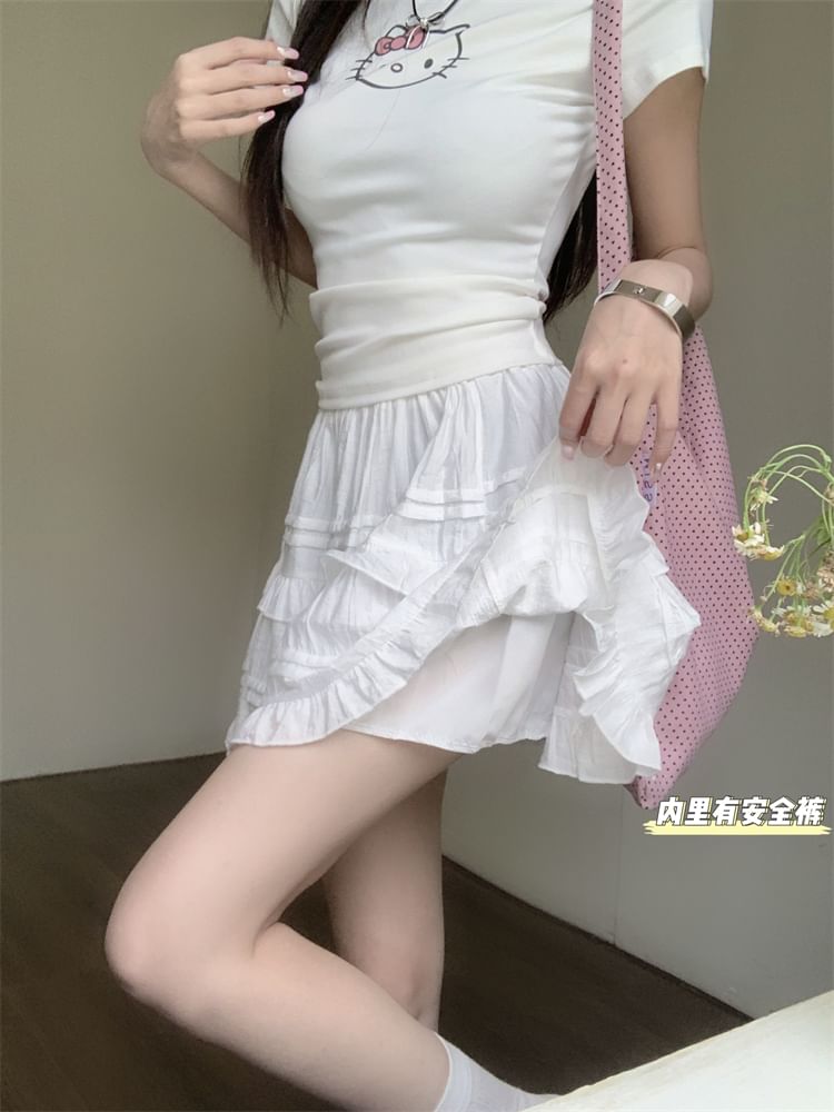 Flowerisque - Hoge taille effen geplooide mini A-lijn rok