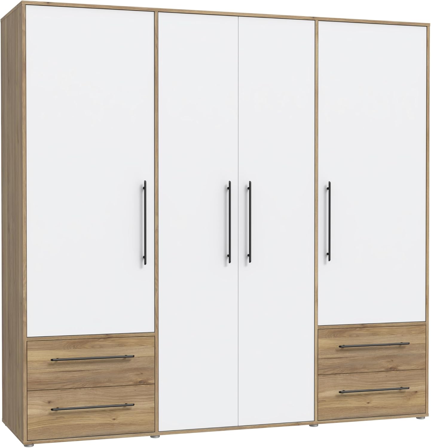 FORTE Jupiter Schrank 200 210, weißer Kleiderschrank, Drehtürenschrank, 4-türig, mit 4 Schubladen und Einlegeböden, Weiß mit Holz Dekor: Mauvella Eiche, 206 cm breit x 59 cm tief x 200 cm hoch