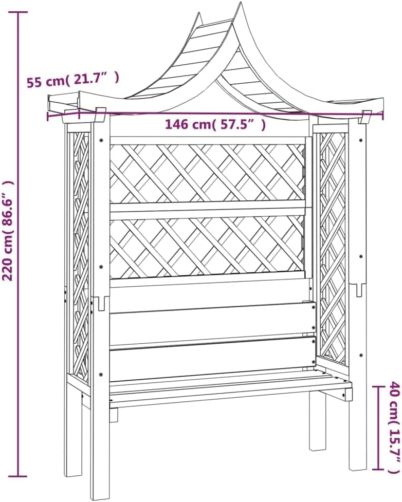 Gartenpergola aus Holz mit Dach und Bank, Gartenbank mit Pergola Sitzbank Bank Rankhilfe Rosenbogen, Gartenpavillon, 146 x 55 x 220 cm