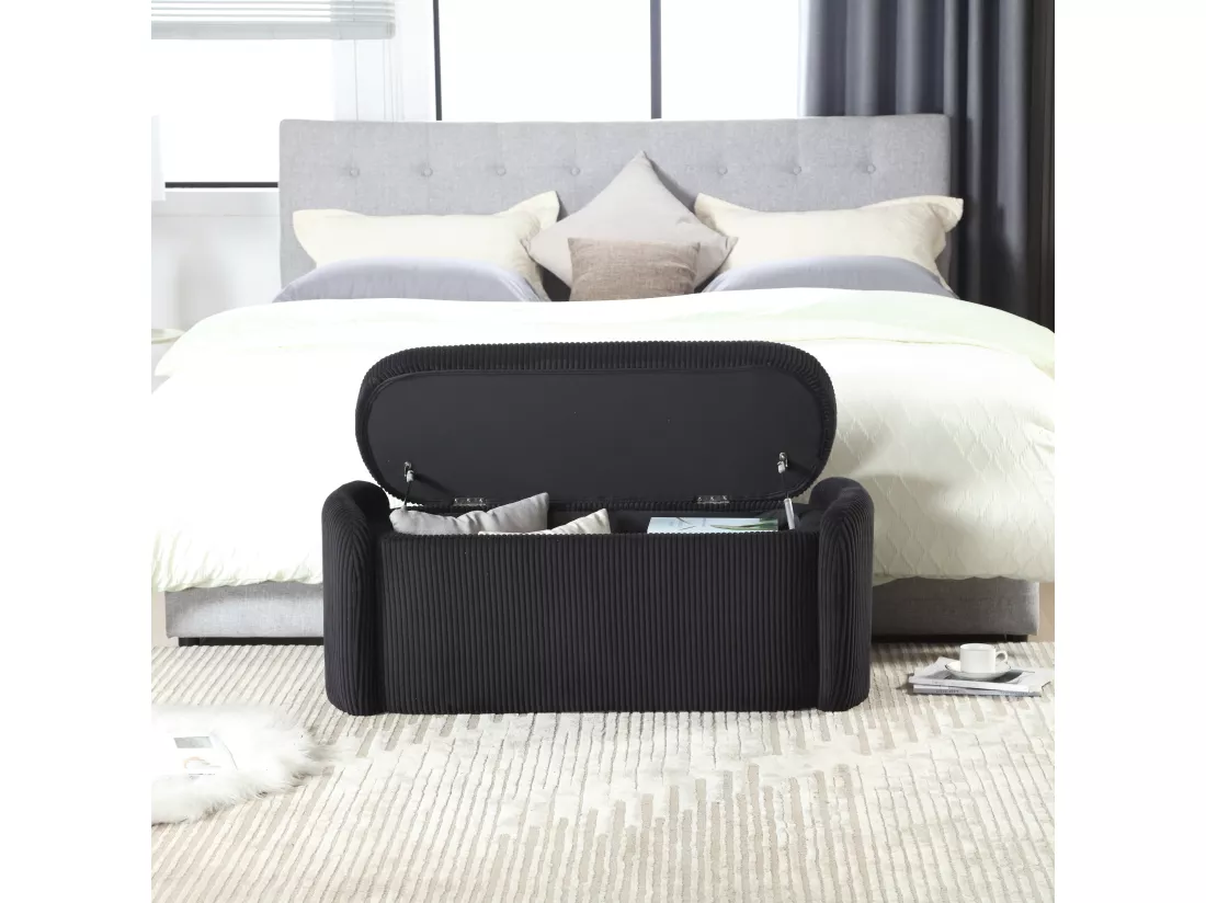 Tabouret de rangement en velours rayé, confortable et polyvalent, idéal pour le salon et la chambre,noir
