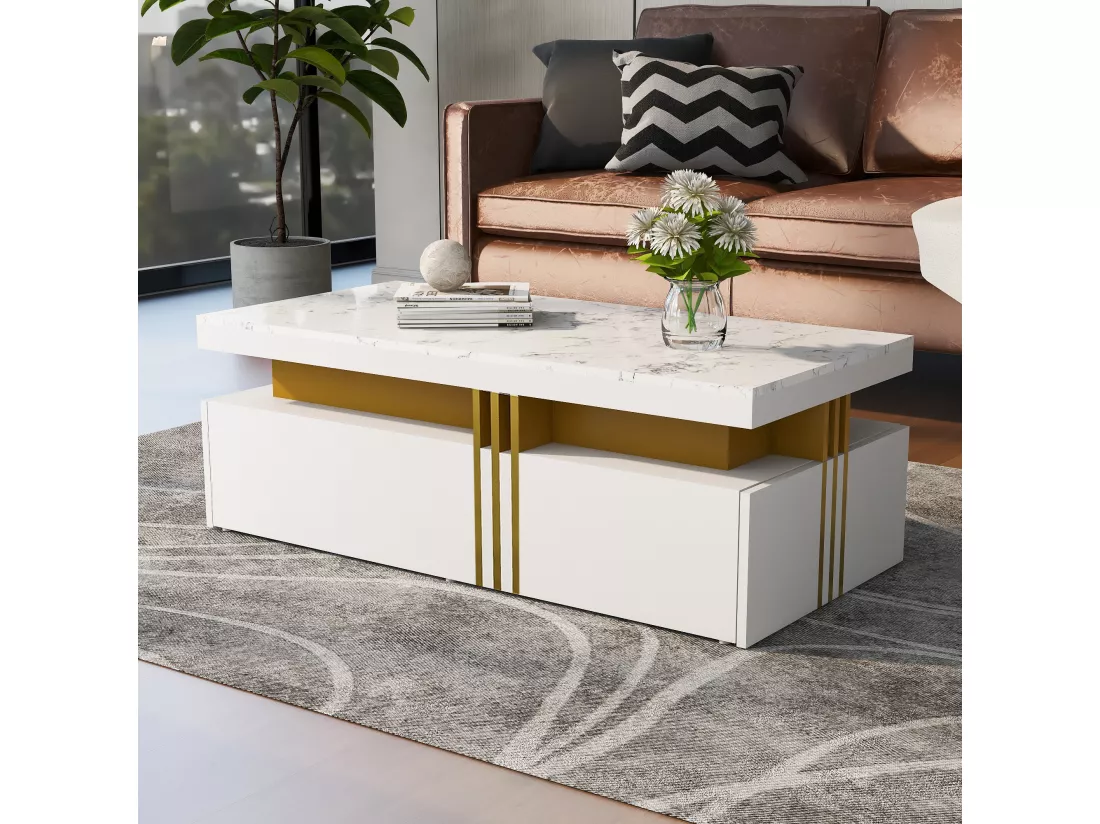 Table basse rectangulaire effet marbre blanche brillante avec 2 tiroirs 100*50*40 cm GEVREITS WHITE