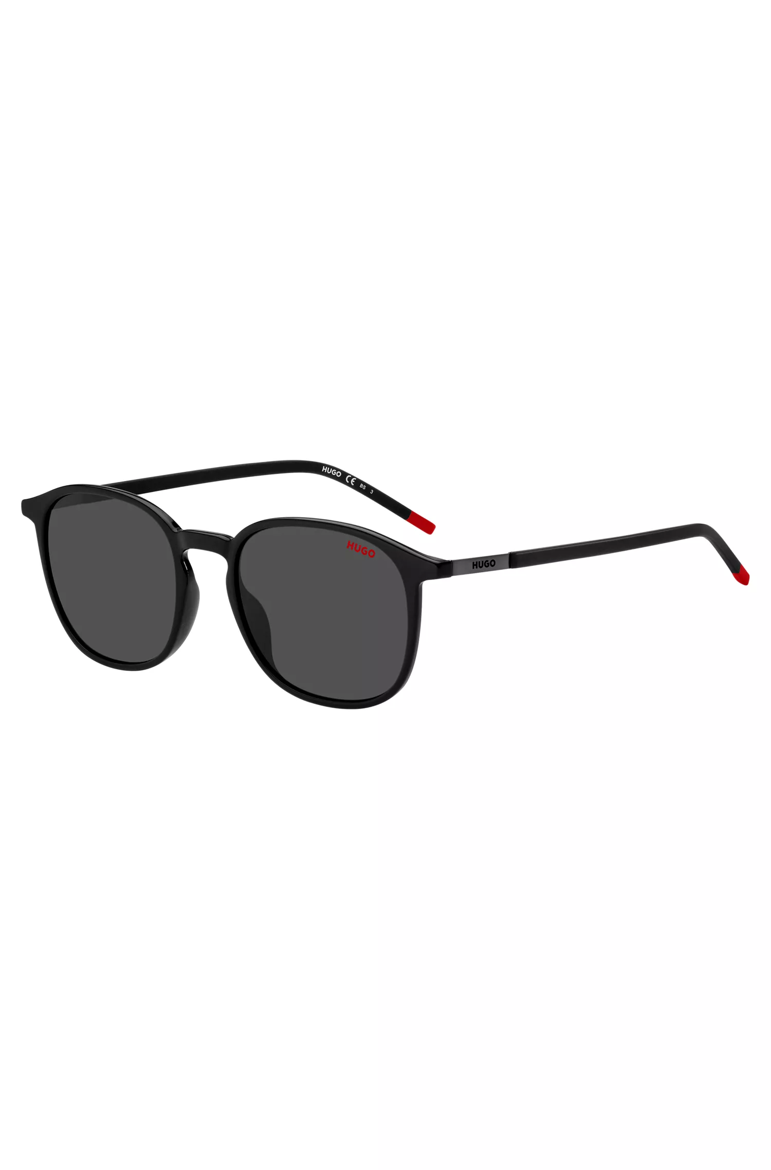Óculos de sol HUGO vermelho e preto com hastes de aço inoxidável.