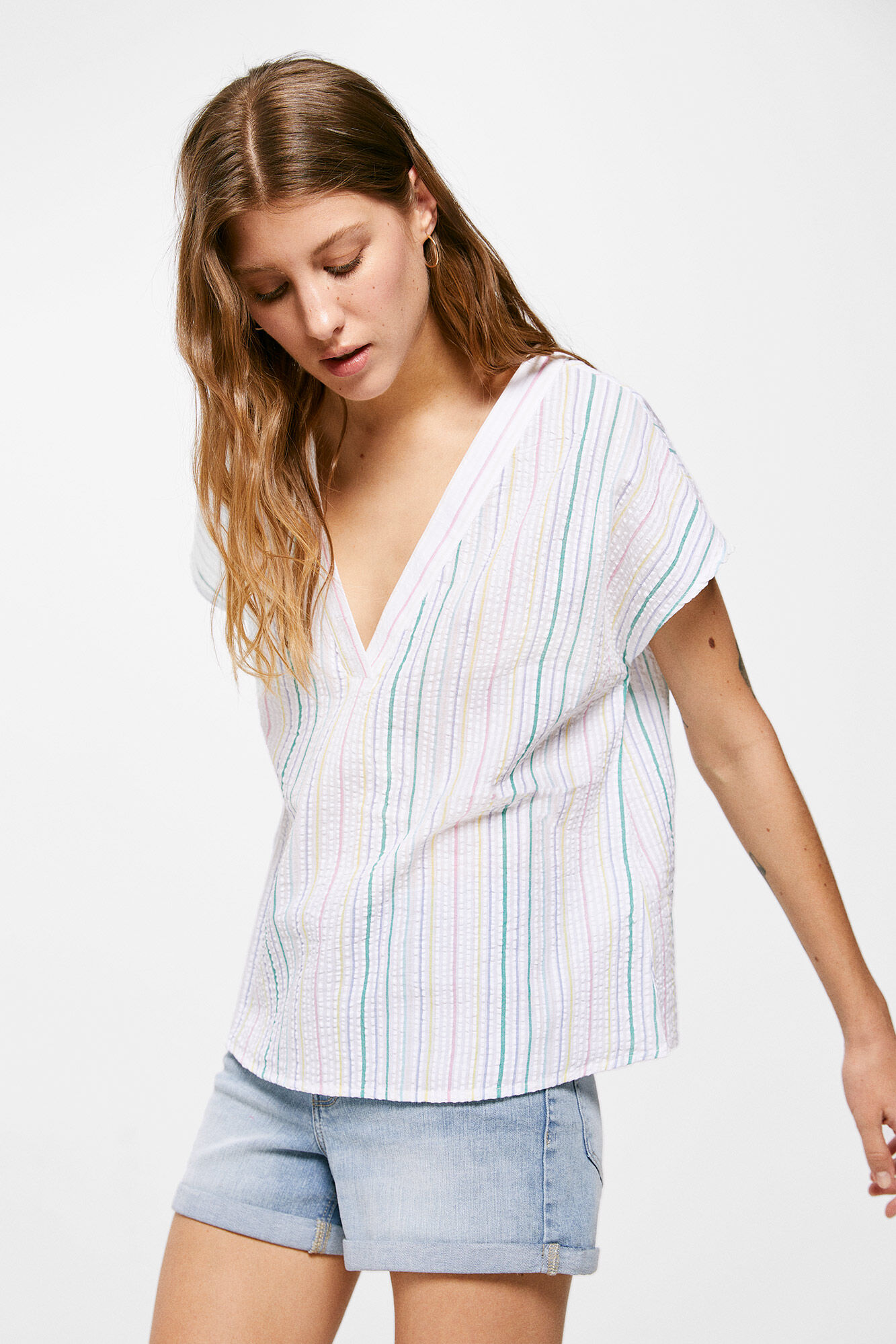 Blusa listrada de algodão - Amarela