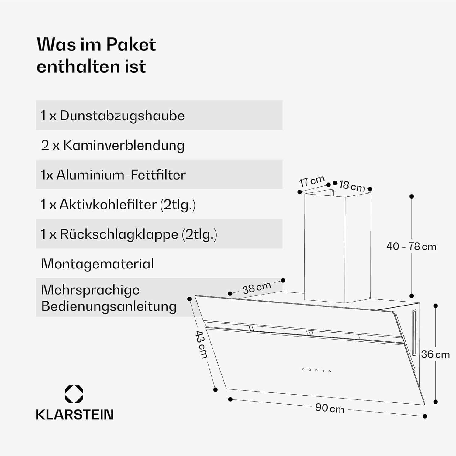 Klarstein Dunstabzugshaube Alina - 90-cm-Wandhaube, 615 m³/h Luftstrom, Energieeffizienzklasse A, LED-Beleuchtung in 9 Farben, Touch-Bedienfeld, Umluftbetrieb, Schwarz