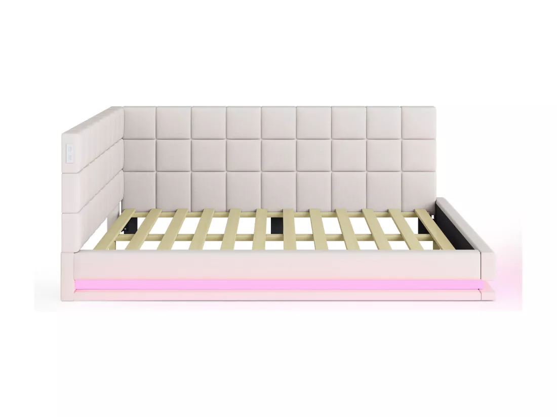 Lit banquette rembourré en velours 140x200cm - avec LED et prise USB - Beige