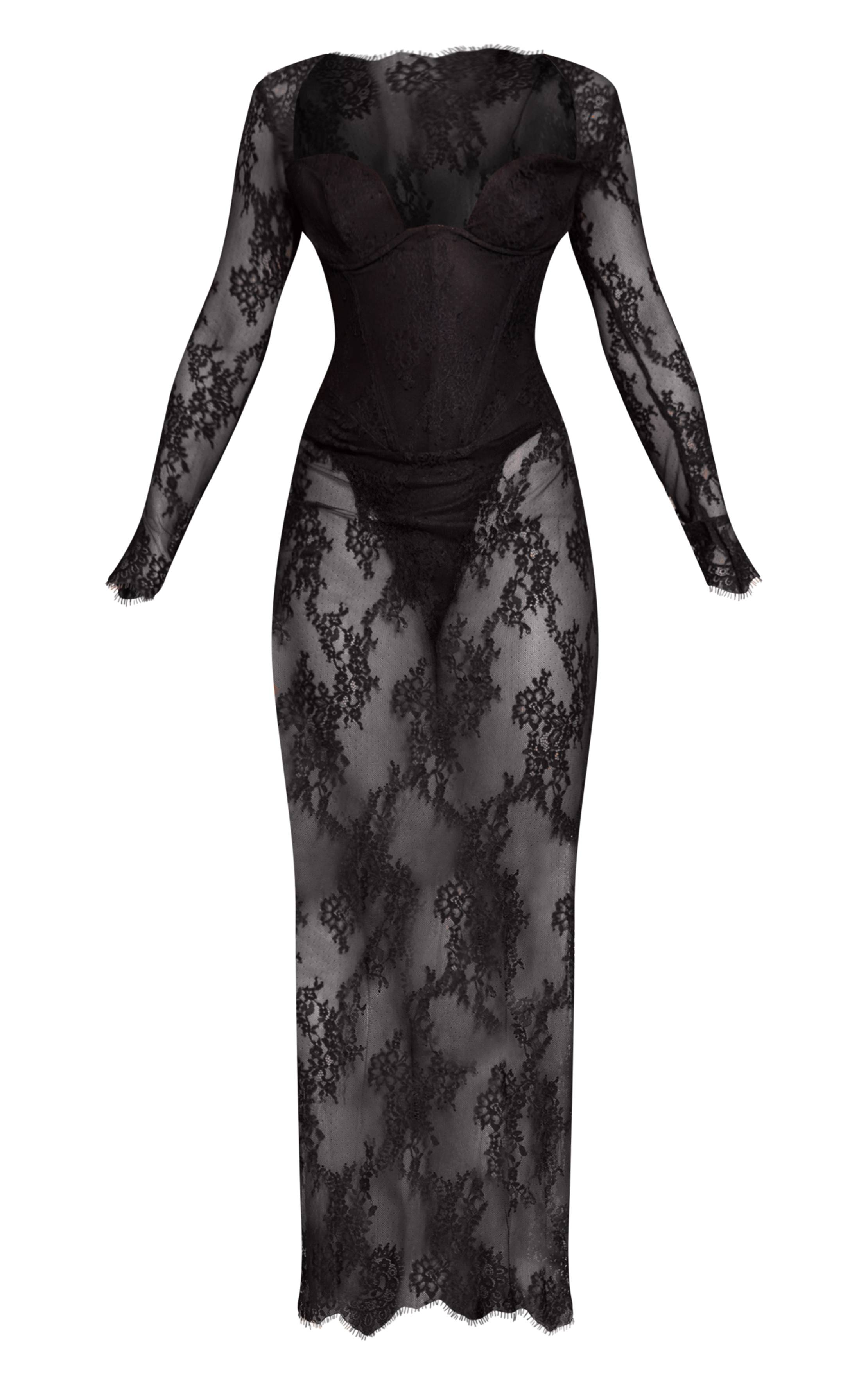 Noir Robe Mi-longue À Manches Longues Avec Corset En Dentelle Plt Label