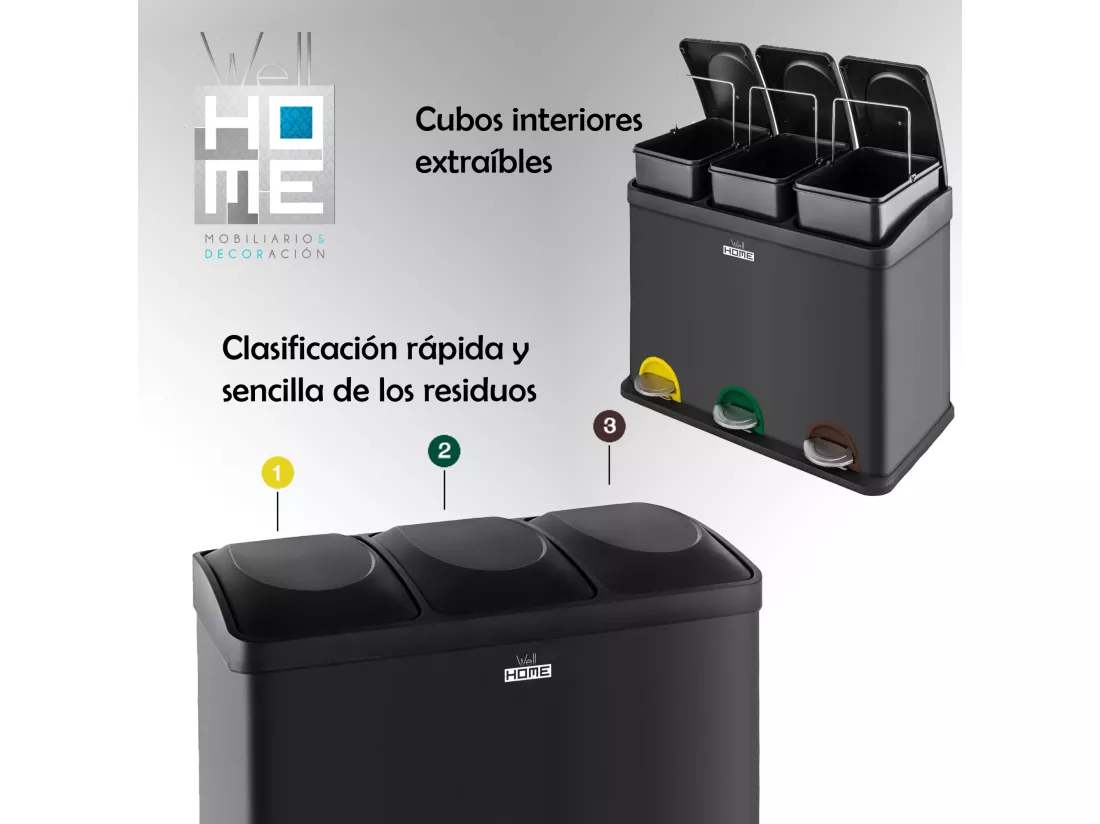 Cube de recyclage écologique 45 litres de 3 compartiments, cubes de recyclage / recyclage des ordures, grande capacité, papier, verre et plastique, ID 60,5 (largeur) x