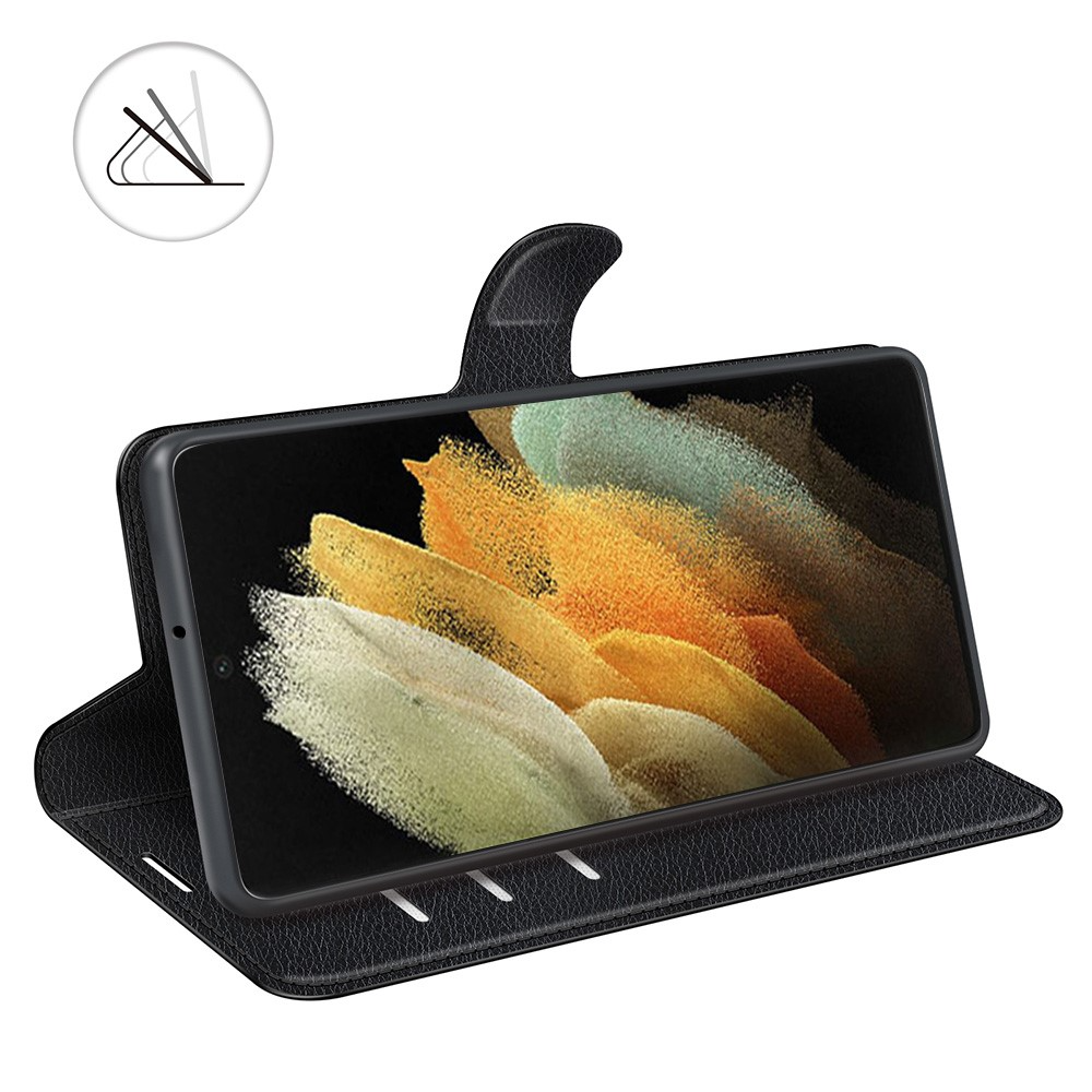 Samsung Galaxy S22 Ultra 5G Leder Tasche Flip Cover Litchi Look - Schwarz