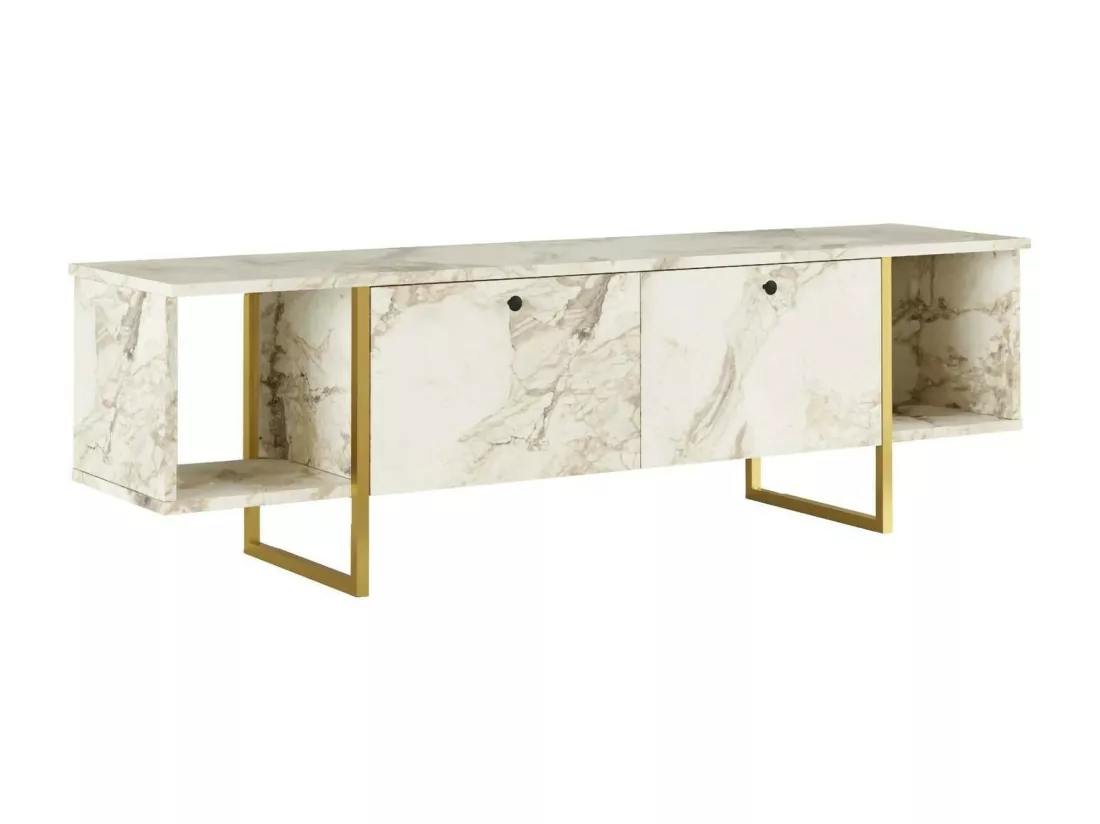 Meuble TV Arneb, Buffet de salon, Armoire basse pour TV, Base murale de rangement, 160x40h48 cm, Blanc et Or