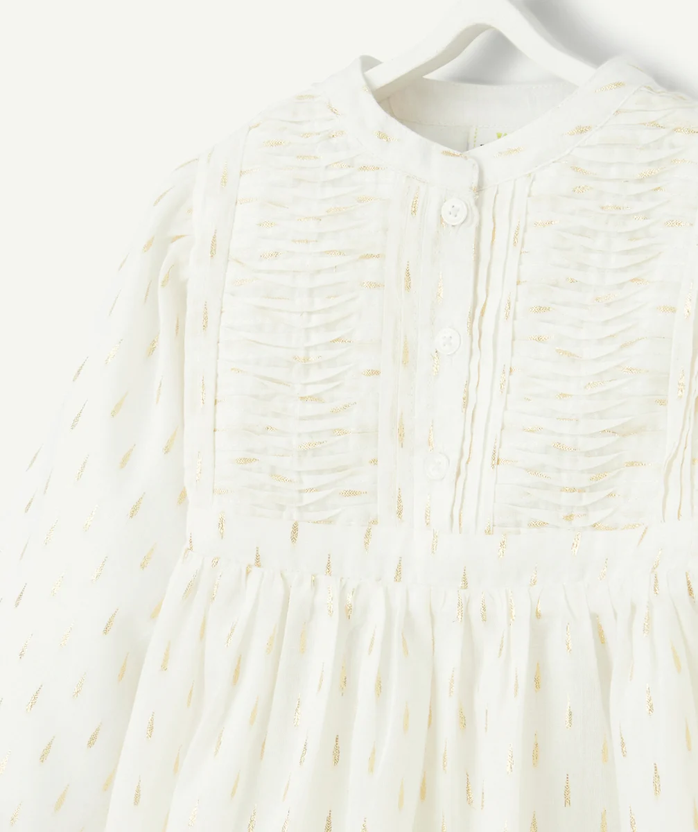 ROBE MANCHES LONGUES BÉBÉ FILLE BLANCHE ET DÉTAILS COULEUR DORÉE