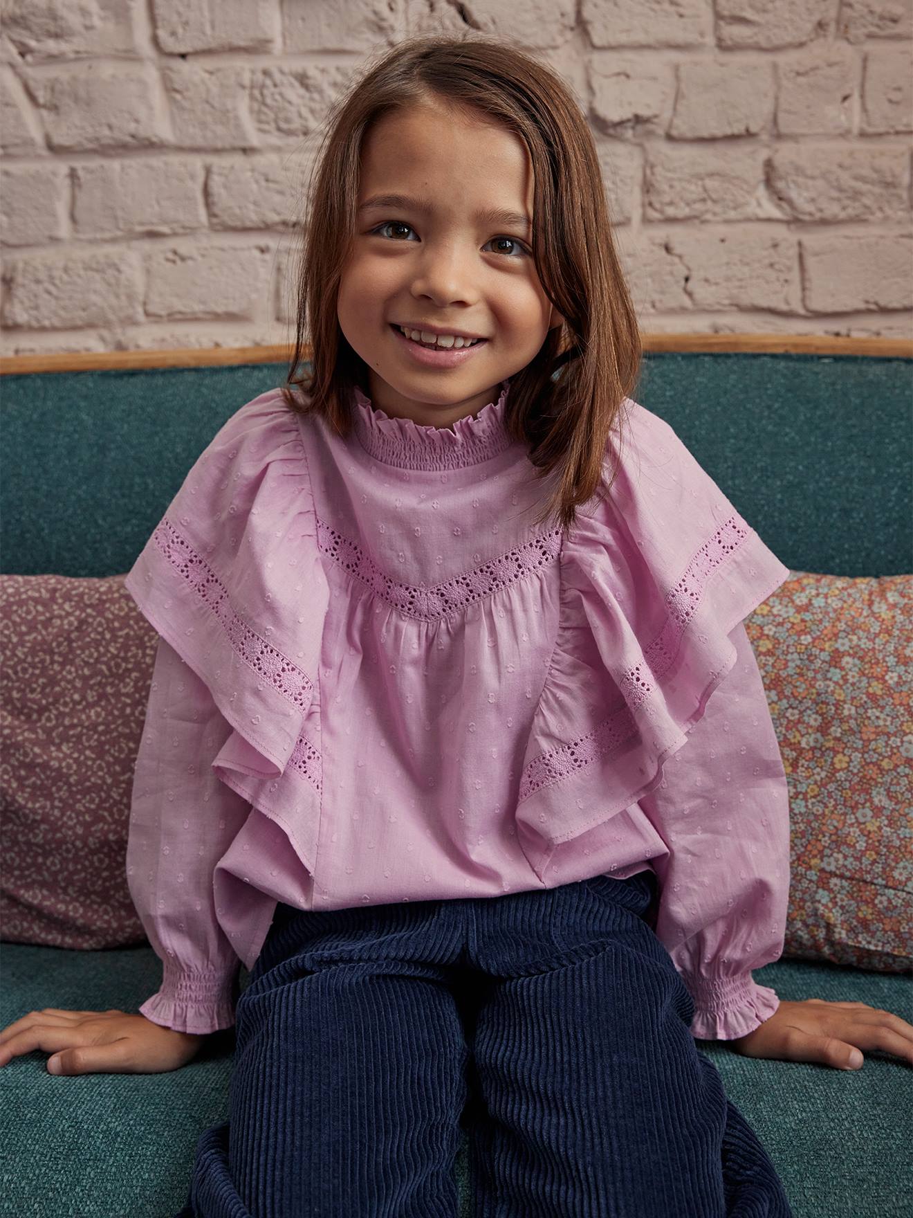 Blusa lilás plumettis com babados maxi bordados para meninas