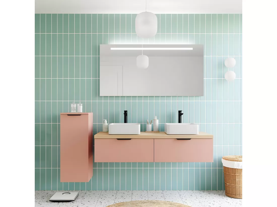 Meuble de salle de bain suspendu 2 vasques à poser 140cm 2 tiroirs Abricot - Soho
