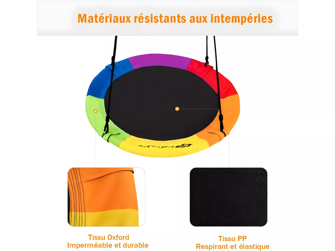 Balançoire Nid d’Oiseau Rond 100CM de Diamètre pour Arbre avec Sangle de Suspension Charge Max 150 KG Extérieur Multicolore
