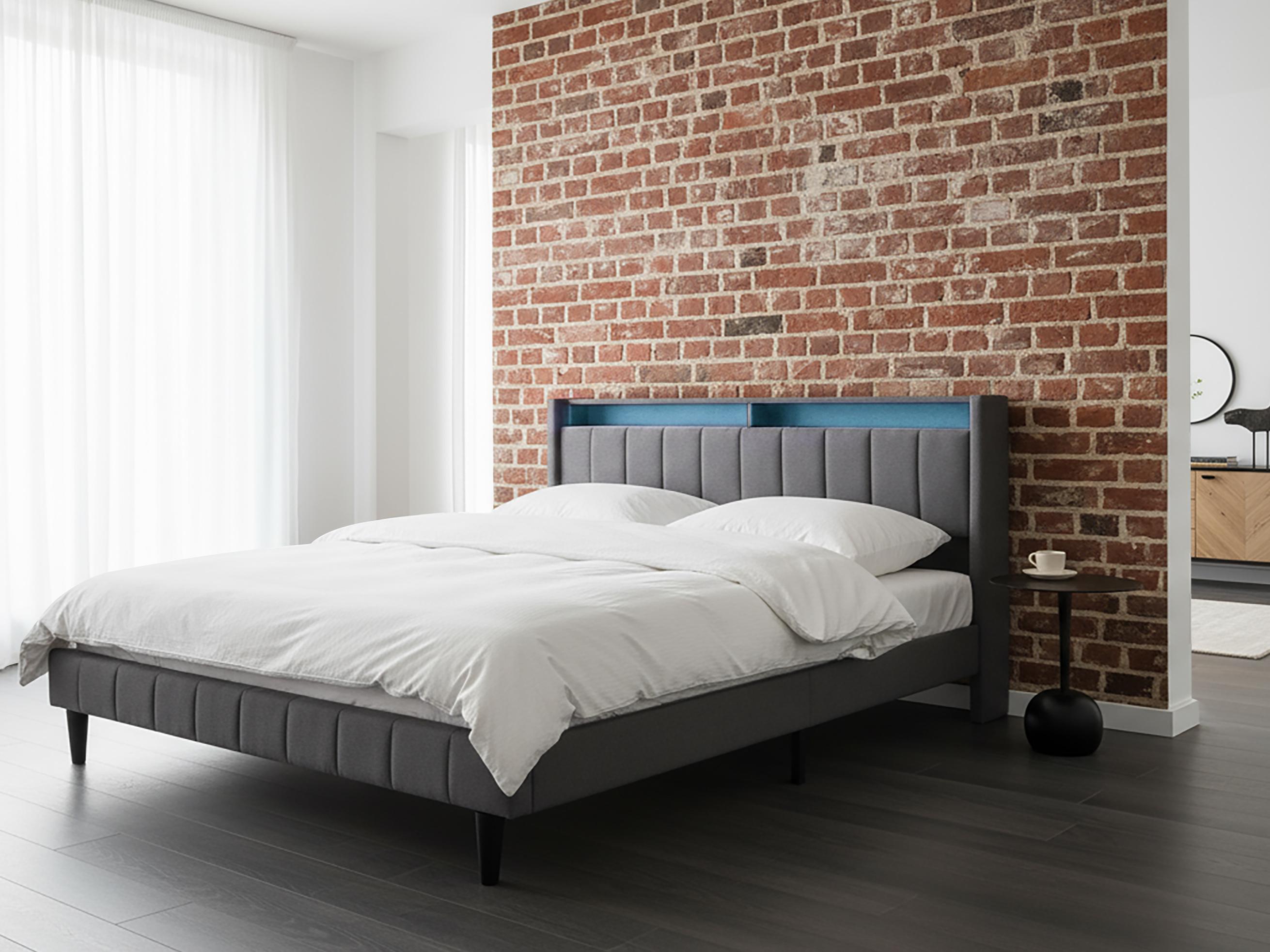 Bed met LED-verlichting Stof BEAULIEU 180 x 200 cm met opbergruimte met USB-poort Donkergrijs