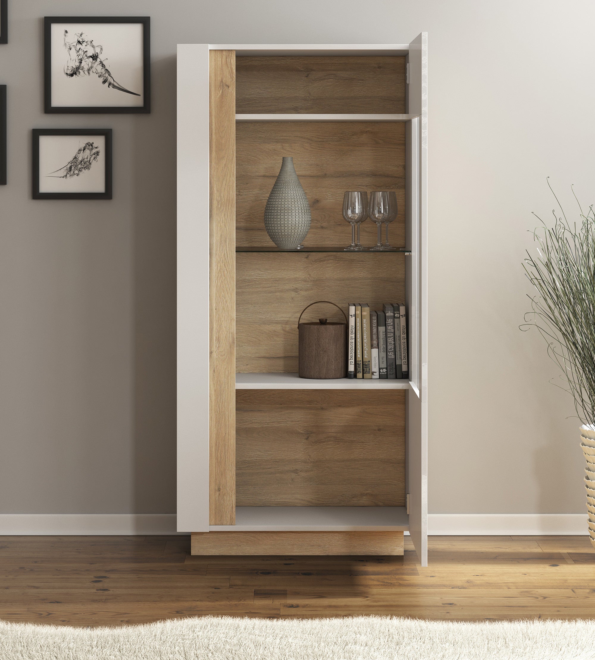 Ashley - Vitrinekast - Wit/eiken - 72x40x154 cm