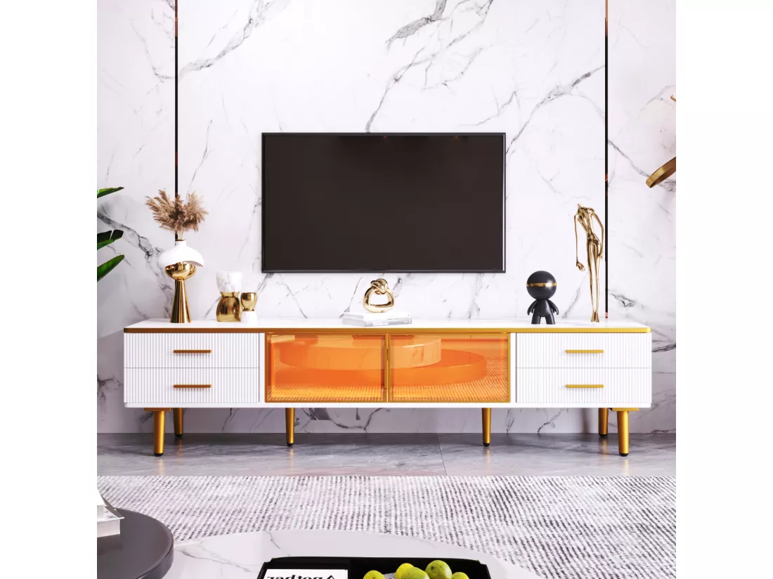 Table basse, meuble TV, meuble de salon modulable, porte en verre trempé, cadre en alliage d'aluminium, tiroirs à texture ondulée, poignées et pieds dorés, plateau de table texture marbre.