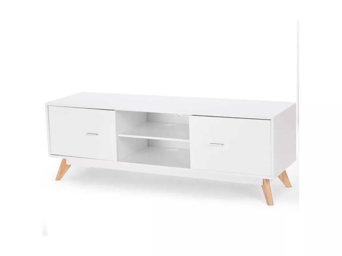 Banc TV 2 Compartiments 2 Placards, Console TV Moderne Centre de Divertissement Rangement 2 Étagères 2 Armoires Trous de Gestion Jusqu'à 60 pouces 140 x 40 x 48 cm