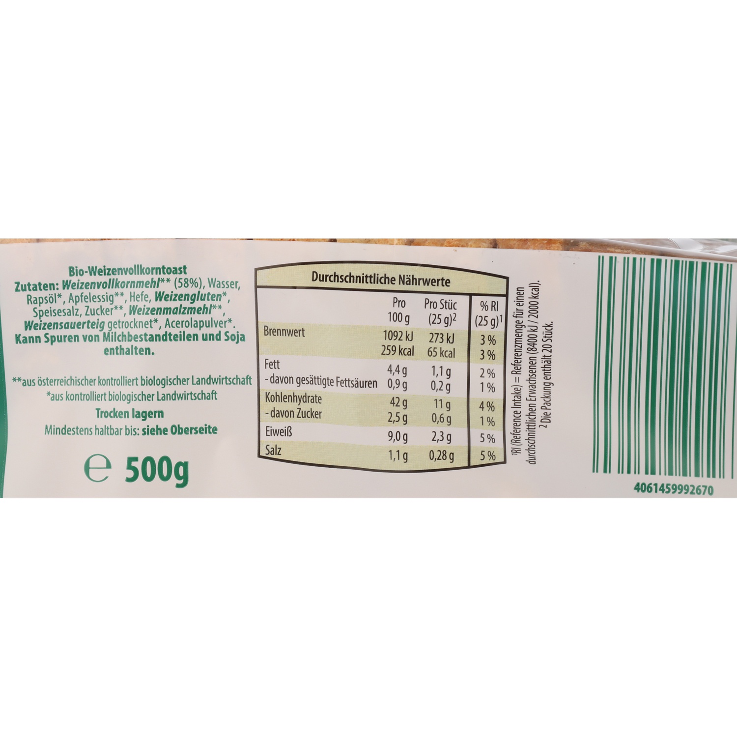 ZURÜCK ZUM URSPRUNG Toast Vegan, Vollkorn 500 g
