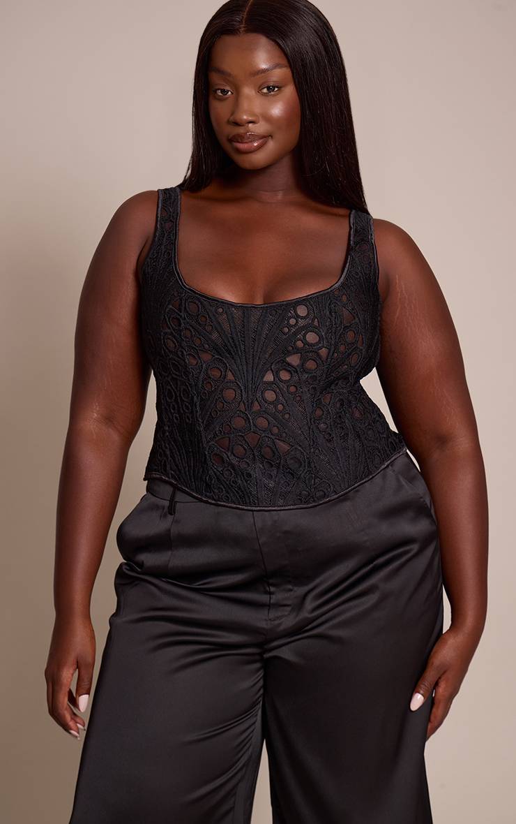 Noir Corset Grande Taille Transparent Texturé À Fleurs Et Encolure Carrée
