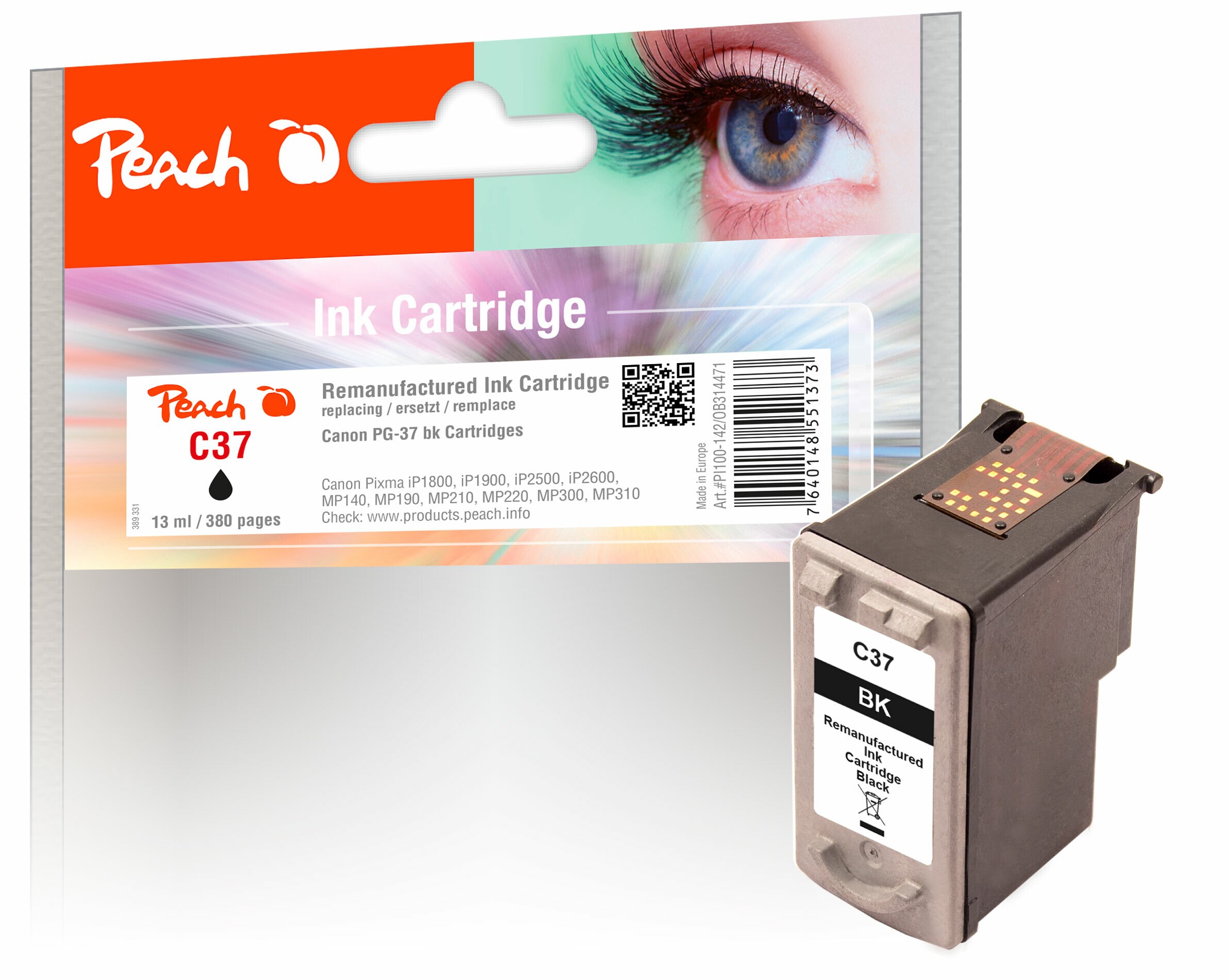 Peach C37 BK Druckkopf bk ersetzt Canon PG-37BK, 2145B001 für z.B. Canon Pixma MP 220, Canon Pixma IP 1800, Canon Pixma IP 1900, Canon Pixma IP 2500