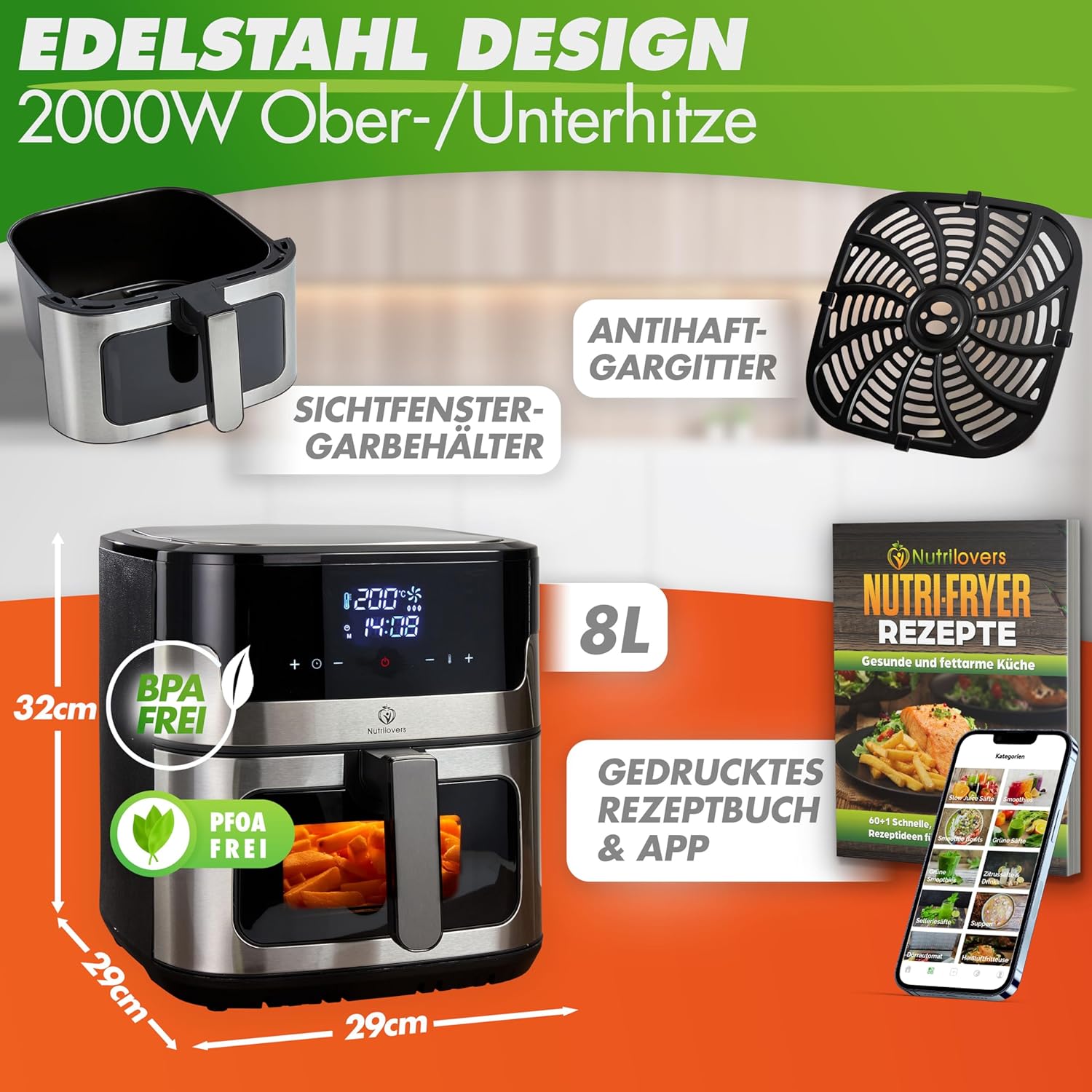Nutrilovers Heißluftfritteuse NUTRI-FRYER EDELSTAHL XXL 8L, 2000W, Airfryer Edelstahl mit LED Touch Display, Double Heating Technologie, Sichtfenster, fettarme Pommes Fritteuse ohne Öl inkl. Rezepte