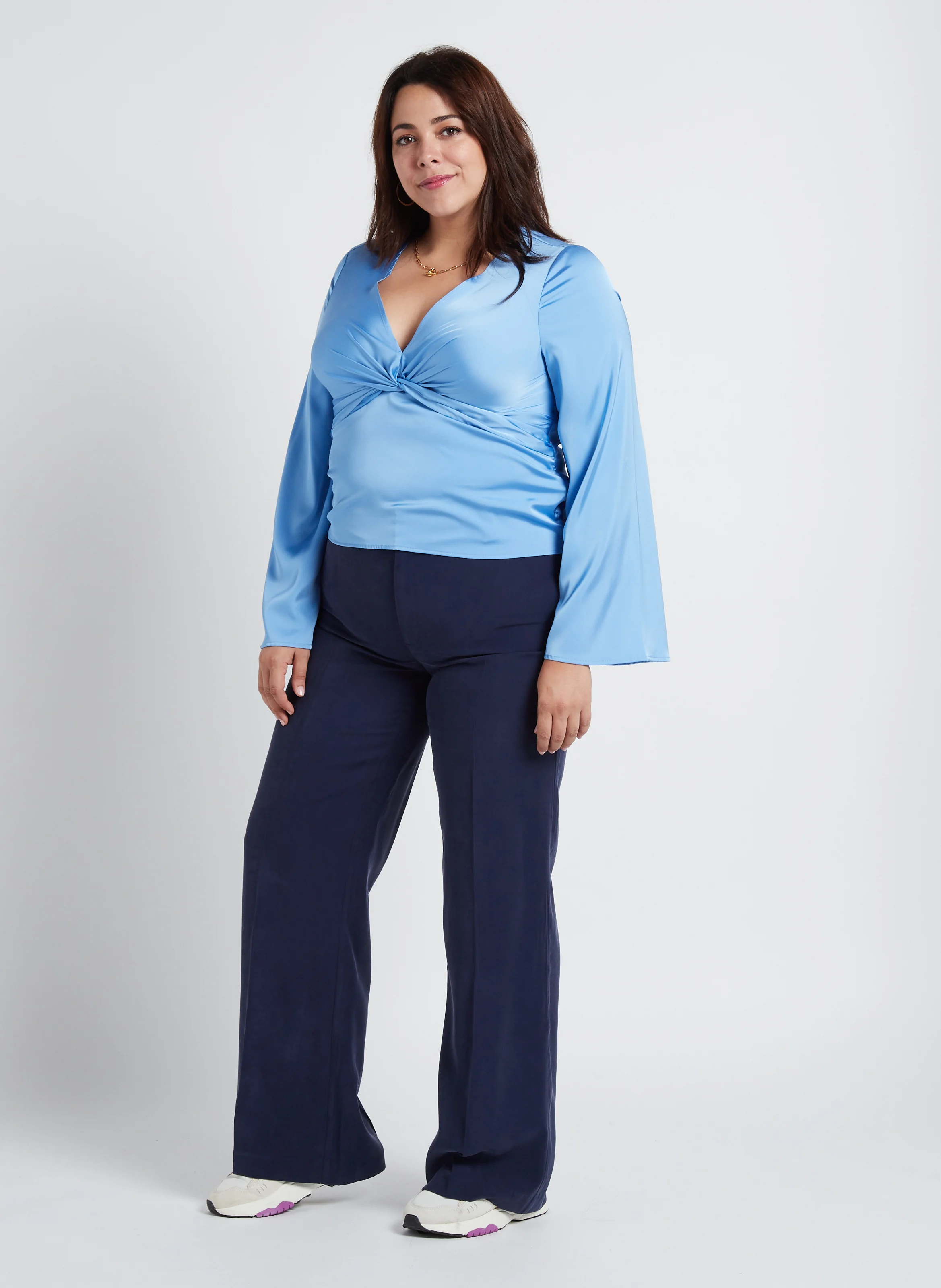 Top fluide col V satiné | Bleu