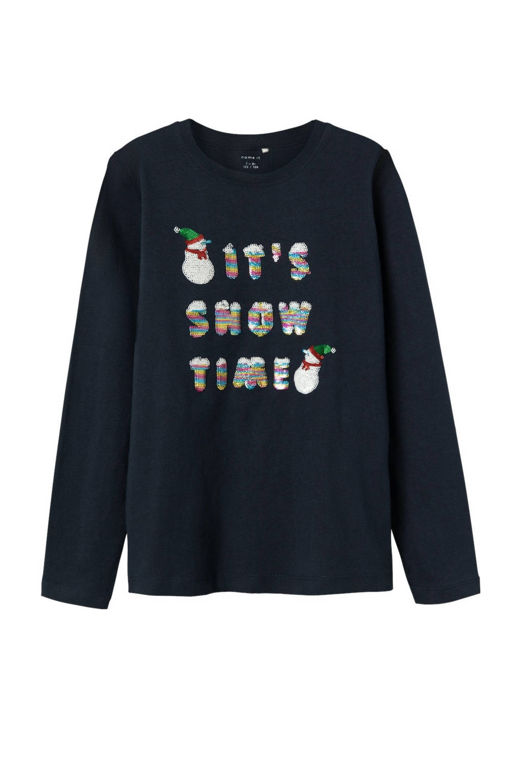 NAME IT kerstlongsleeve NKFPRIJUL met printopdruk en pailletten donkerblauw