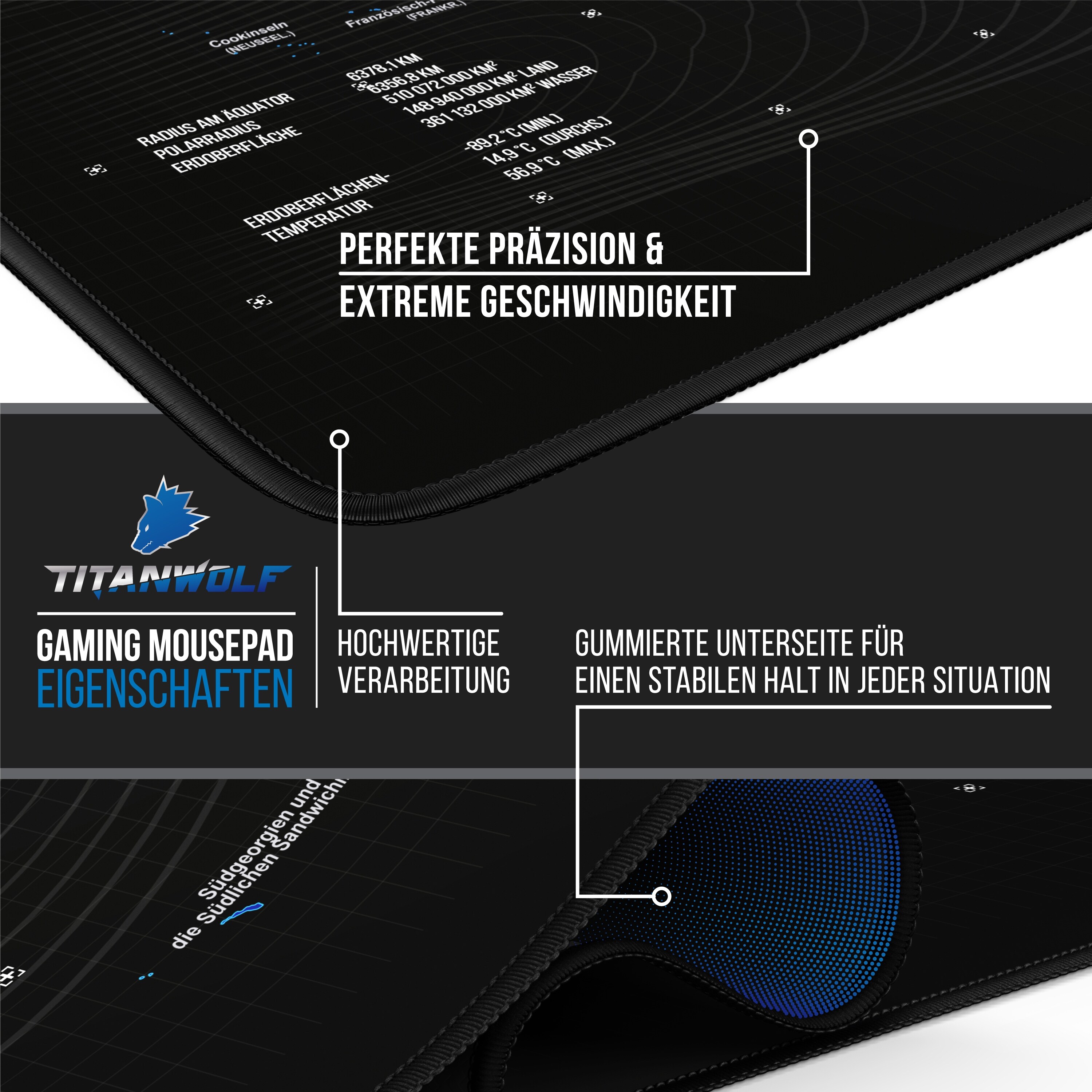 Titanwolf Gaming Mauspad, XXXL Speed Mousepad 1200 x 600 mm, Geschwindigkeit & Präzision, Weltkarte blau