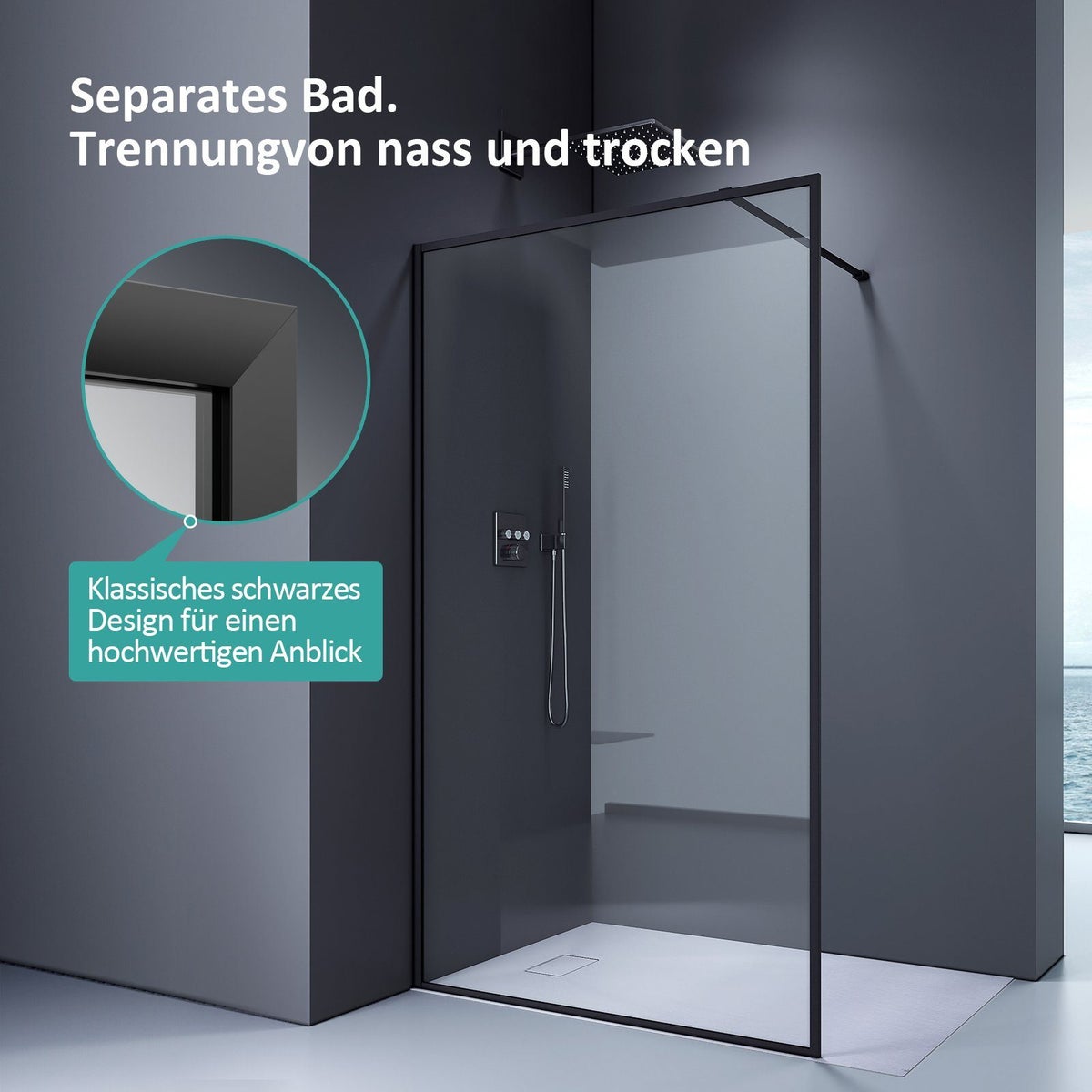 EMKE inloopdouchewand van 8 mm nanogecoat gehard veiligheidsglas, 100 cm x 200 cm, helder glas, zwart