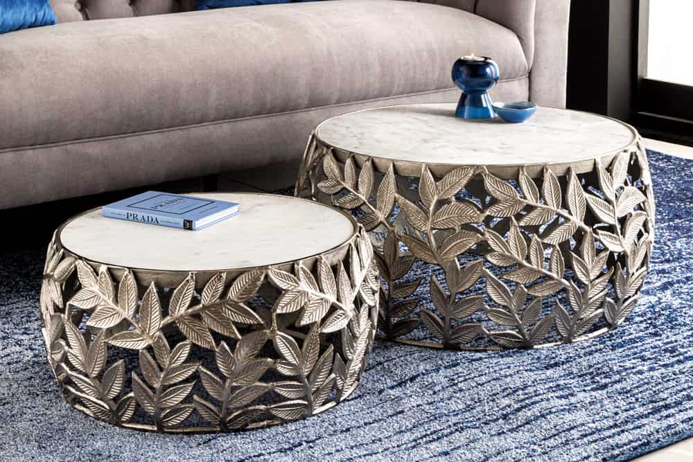 Rundes 2er Set Couchtische ABSTRACT LEAF 70cm weiß silber Marmor Metall Blatt-Design