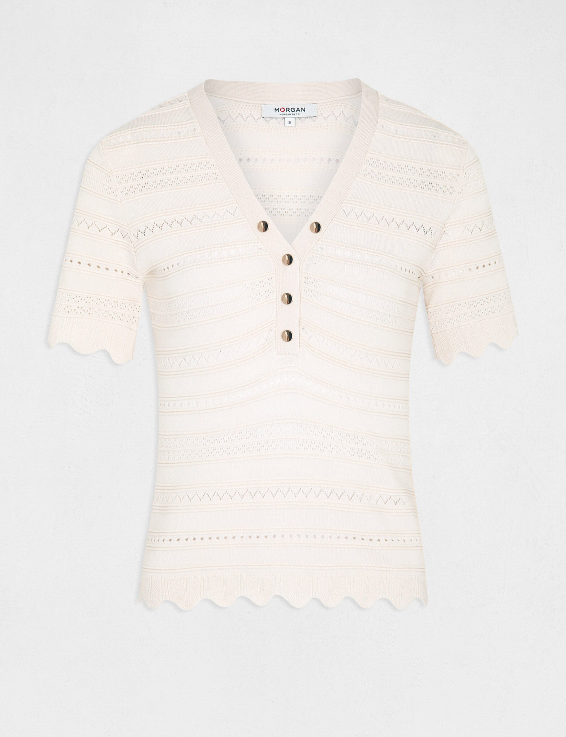 Pull manches courtes détails ajourés ivoire femme - ivoire