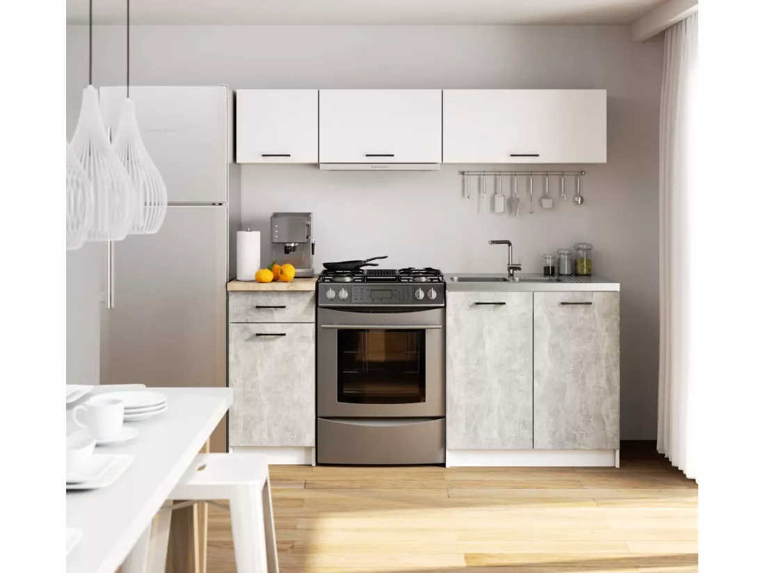 Ensemble De Cuisine AKORD OLIWIA G1 Blanc 180 cm 6 portes 1 tiroir façade Béton 6 étagères 180x46x174 cm