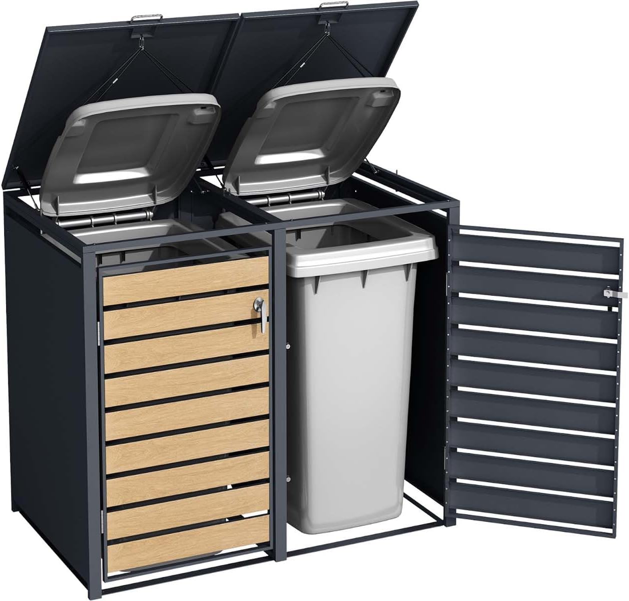 SCHARTEC® Mülltonnenbox 2er anthrazit mit Holz-Design erweiterbar 240l Mülltonnenverkleidung Mülltonnen Sichtschutz Unterstand