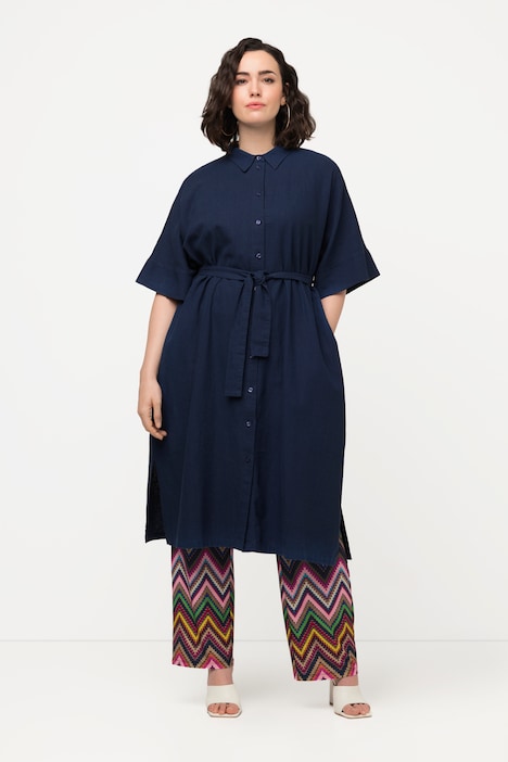 Midikleid, Leinenmix, Hemdkragen, Gürtel, Halbarm