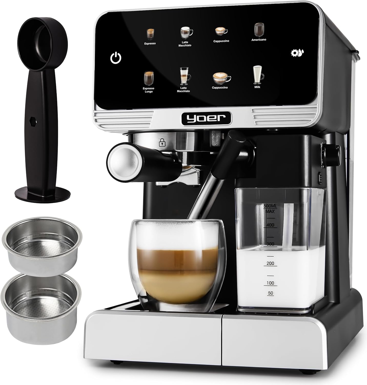 YOER Kaffeevollautomat mit automatischer Milchaufschäumer, 6 Kaffeespezialitäten, Touchscreen, 20 bar, 1350W, Kaffeemaschine für Espresso, Cappuccino & Latte Macchiato, Creamo EMF03BK, schwarz