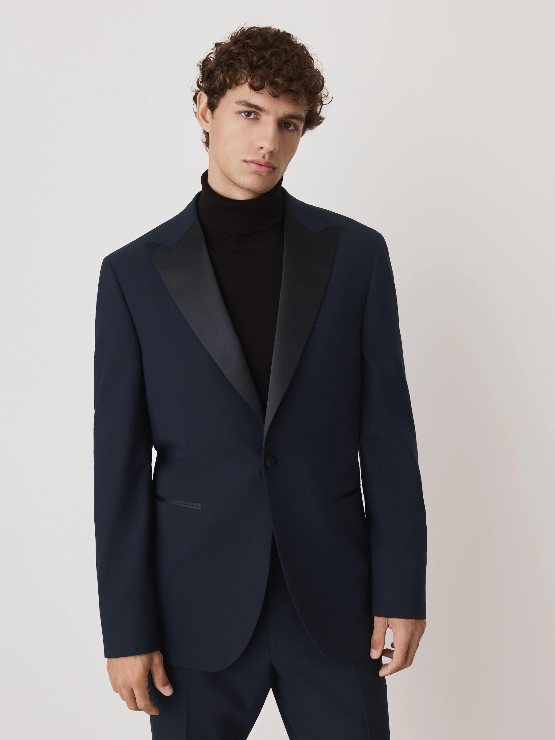 Marineblauw - Tailored Fit Wool Blend Motionflex Tuxedo Suit Jacket