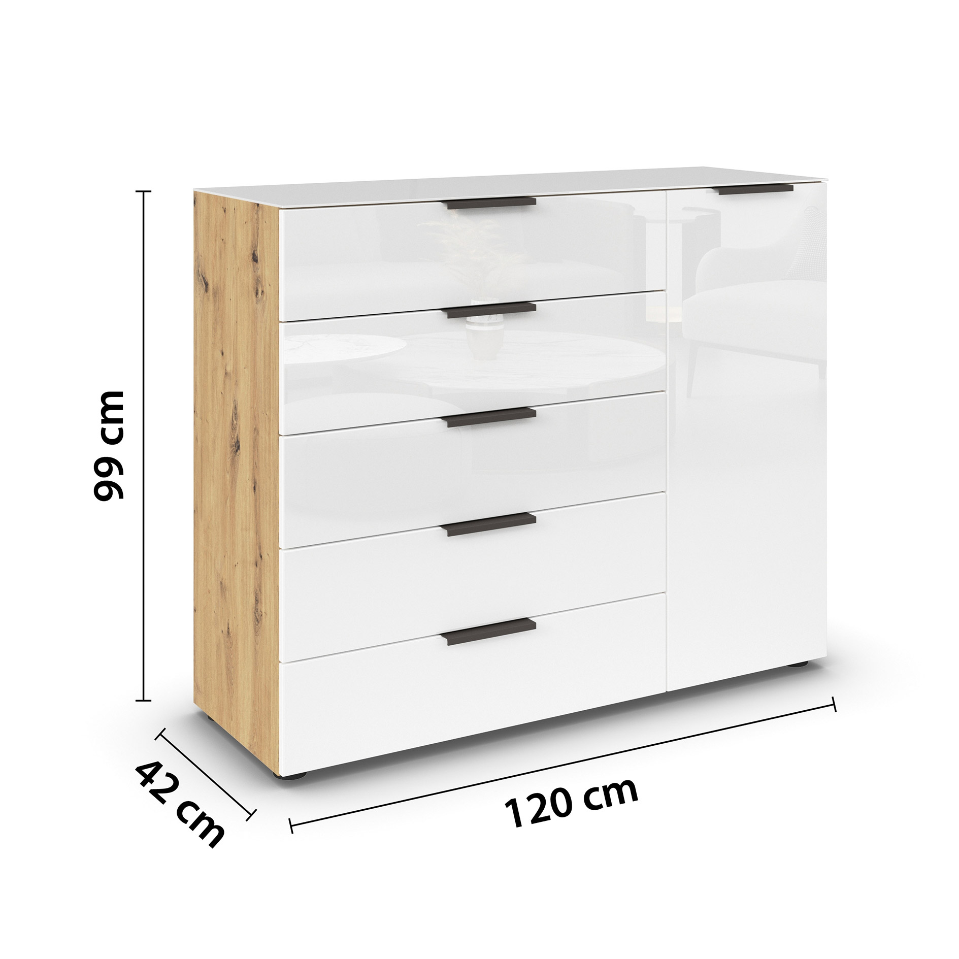 Kommode - Artisan Eiche - Kristallweißglas - Graphitgriffe - 120 cm