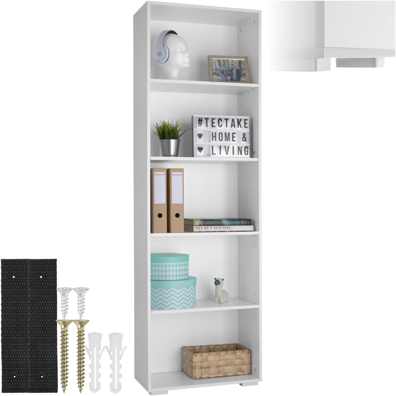 TecTake Bücherregal mit 5 Ebenen, vertikales Bücherregal, platzsparend, für Büro und Zuhause, Wandregal, robustes MDF-Design, leicht zu reinigen – Weiß